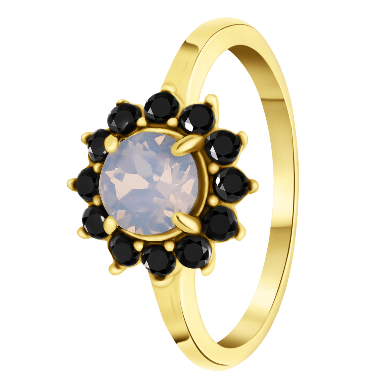 Stalen goldplated vintage ring met bloem zwart en roze