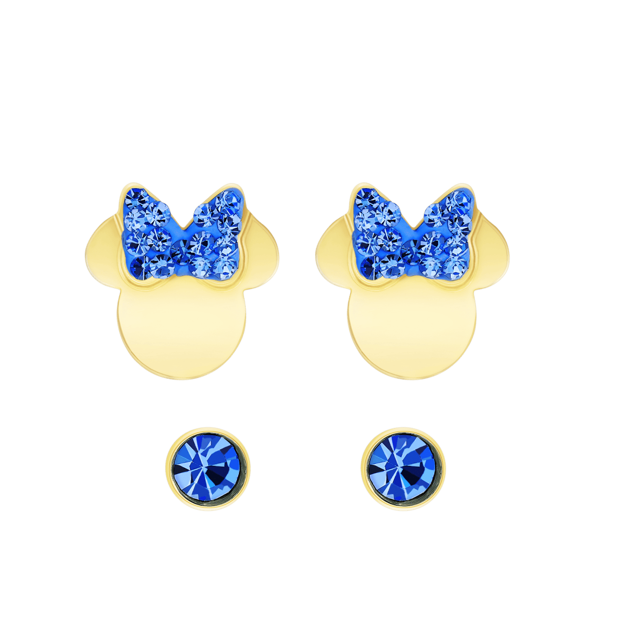 Disney stainless steel set goldplated oorknoppen 2 paar Minnie Mouse met kristal blauw