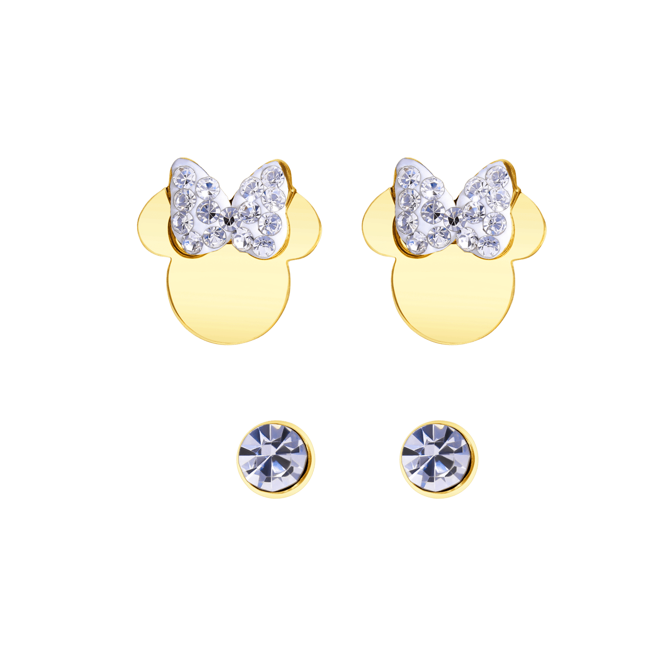 Disney stainless steel set goldplated oorknoppen 2 paar Minnie met kristal wit