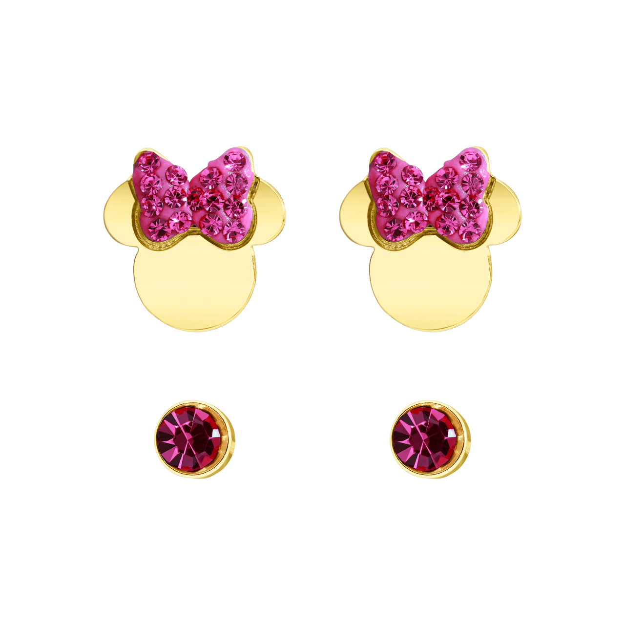 Disney stainless steel set goldplated oorknoppen 2 paar Minnie met kristal roze