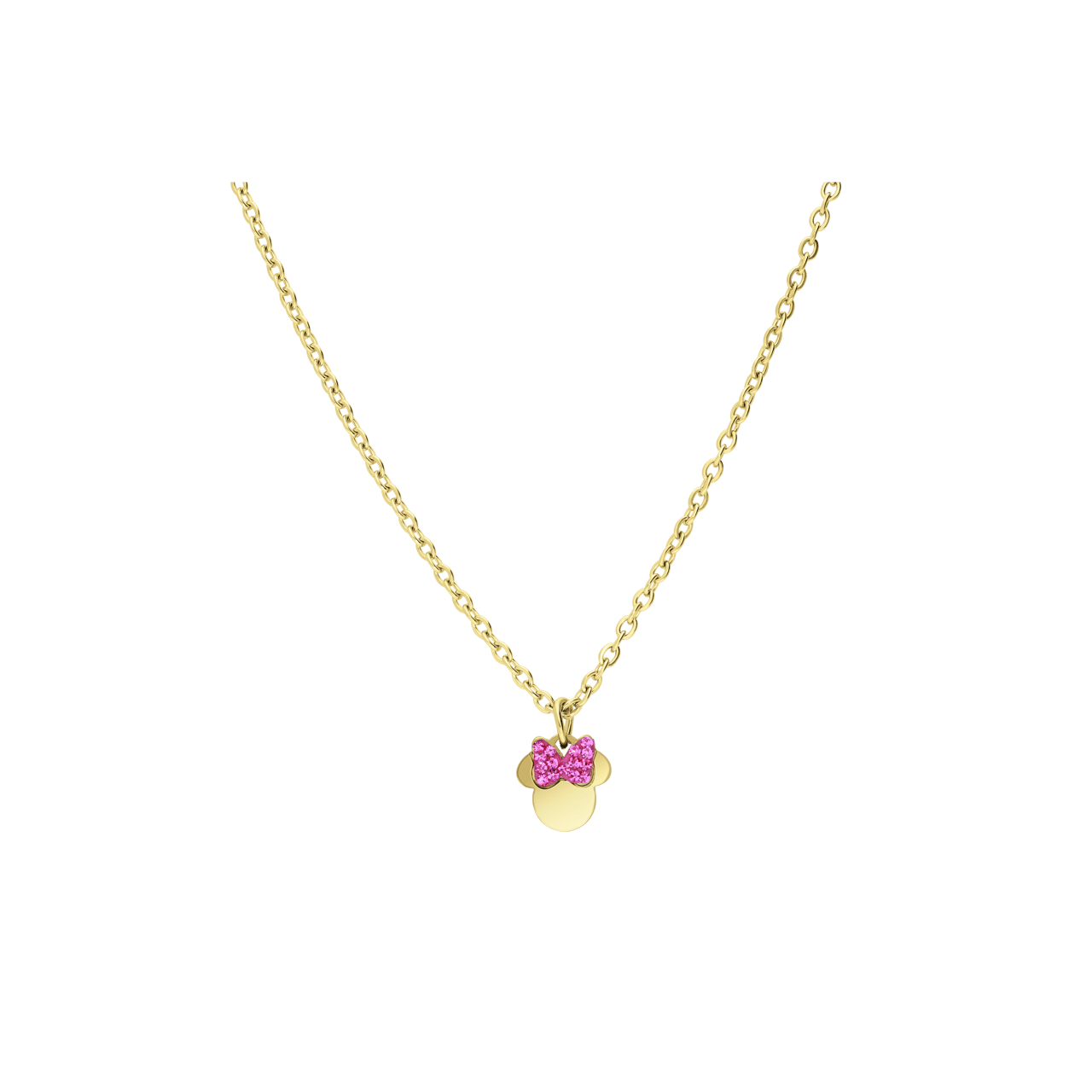 Disney stainless steel goldplated kinderketting met hanger Minnie Mouse strik met roze kristal