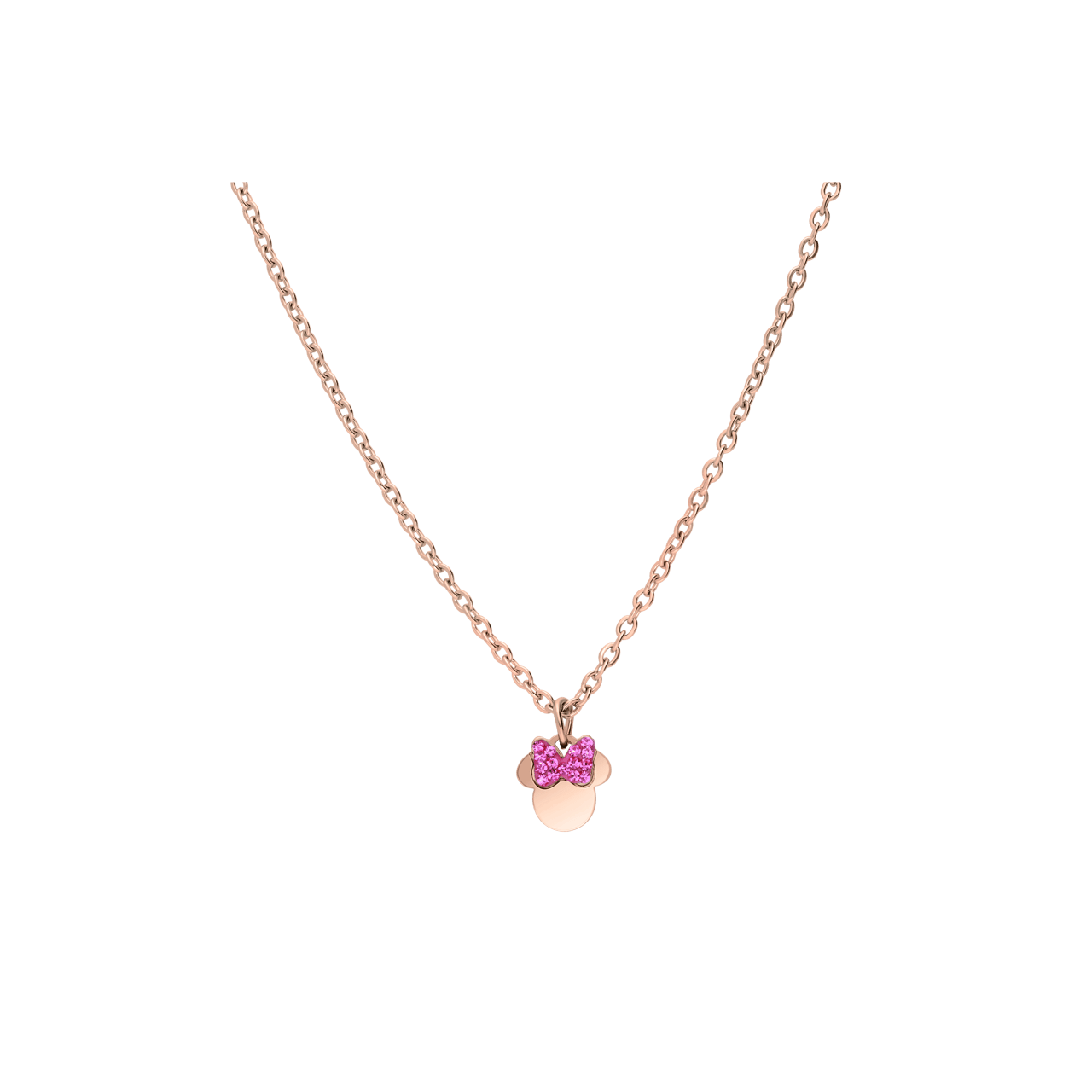Stainless steel roseplated ketting Minni Mouse met roze kristal strik