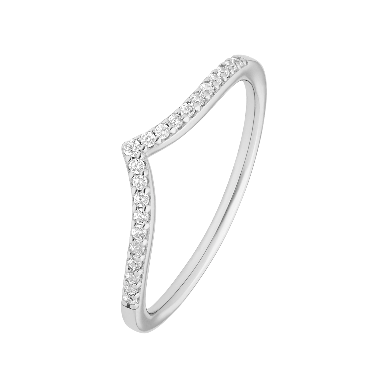 Silberner, rhodinierter Ring in V-Form mit Zirkonia