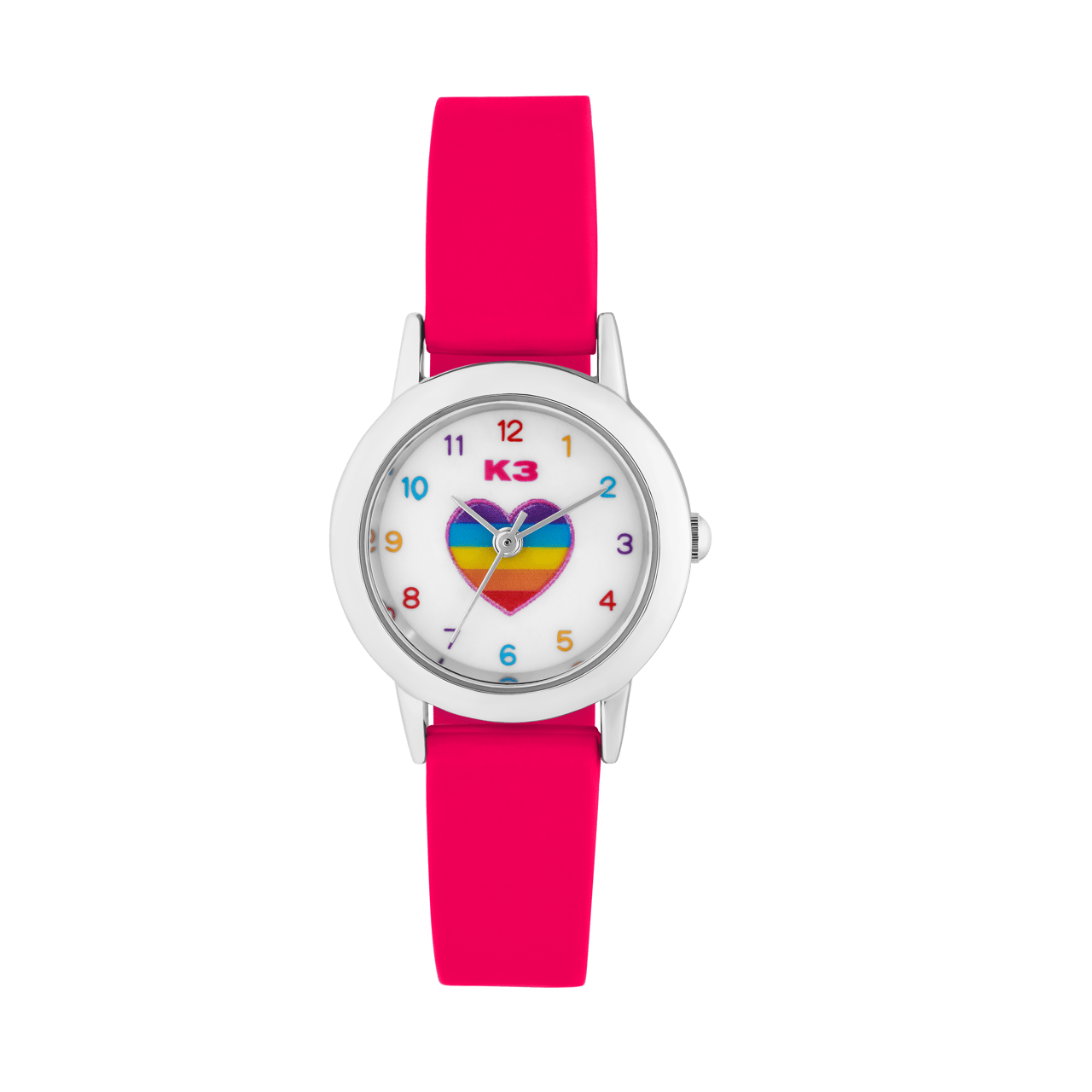 K3 Kinder-Armbanduhr Herz mit Kautschuk-Armband pink