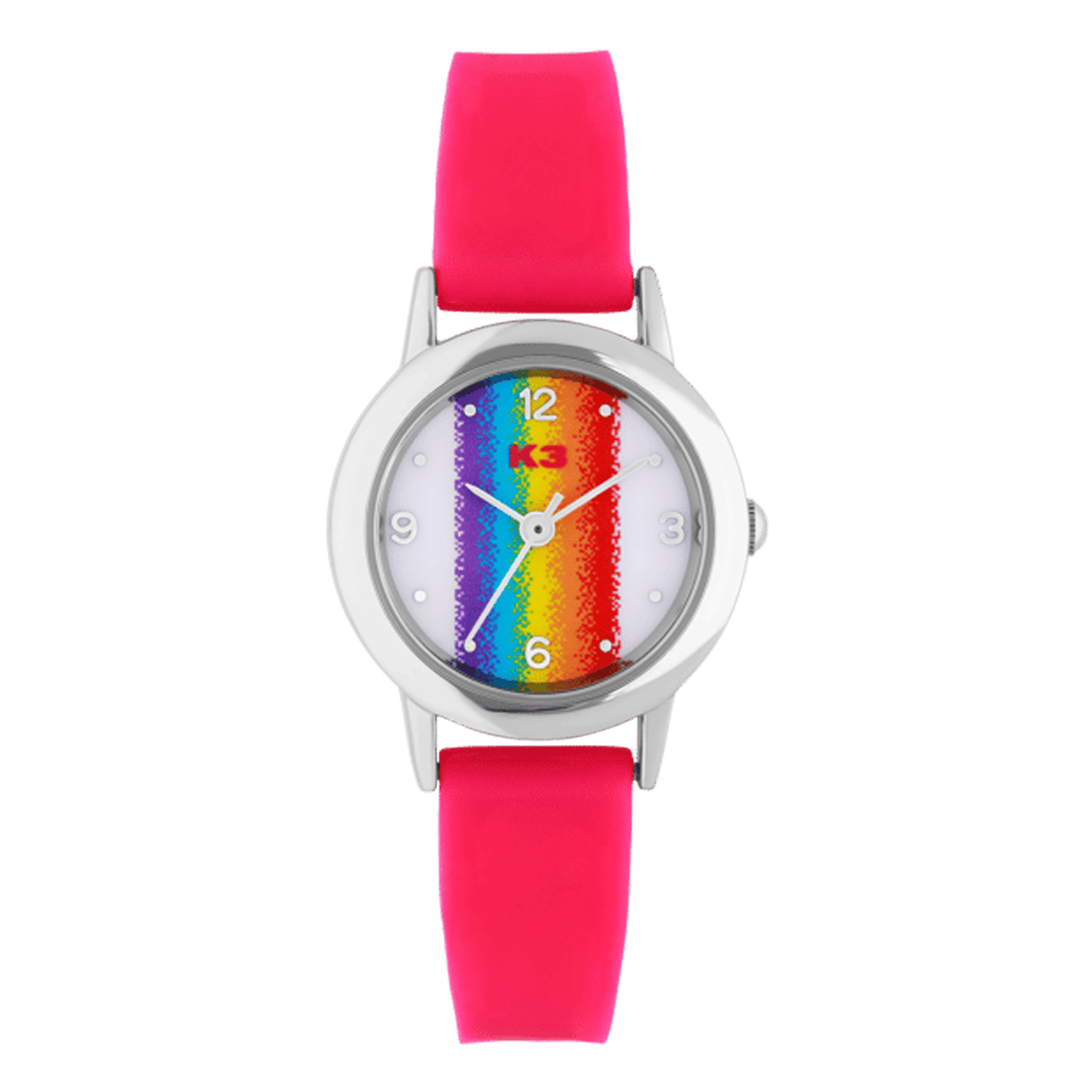 K3 Kinder-Armbanduhr Regenbogen mit Kautschuk-Armband pink