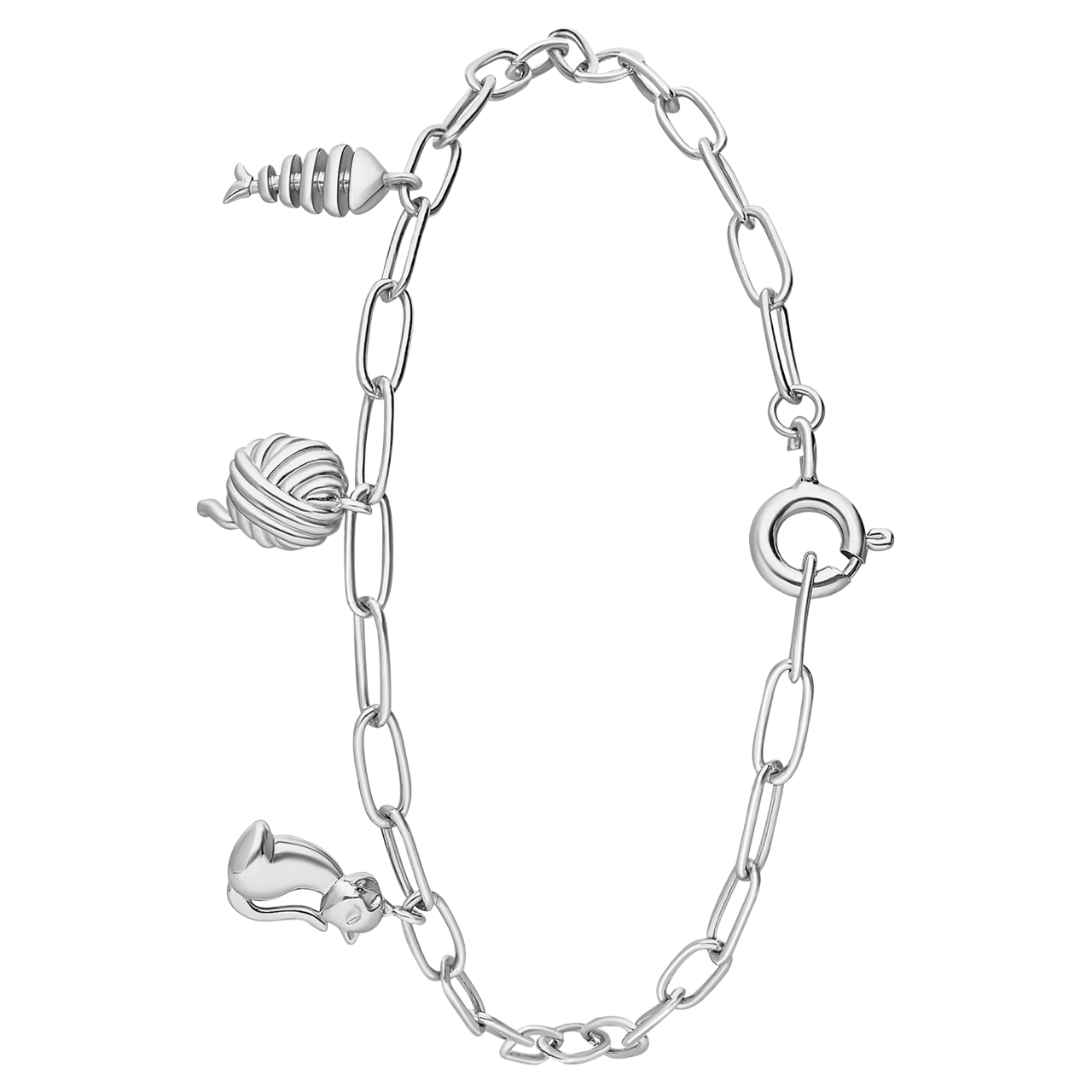 Silbernes Kinderarmband mit den Charm-Anhängern Katze, Wolle und Gräte.