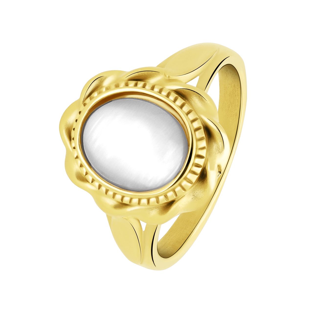 Stainless steel goldplated vintage ring met bloem wit