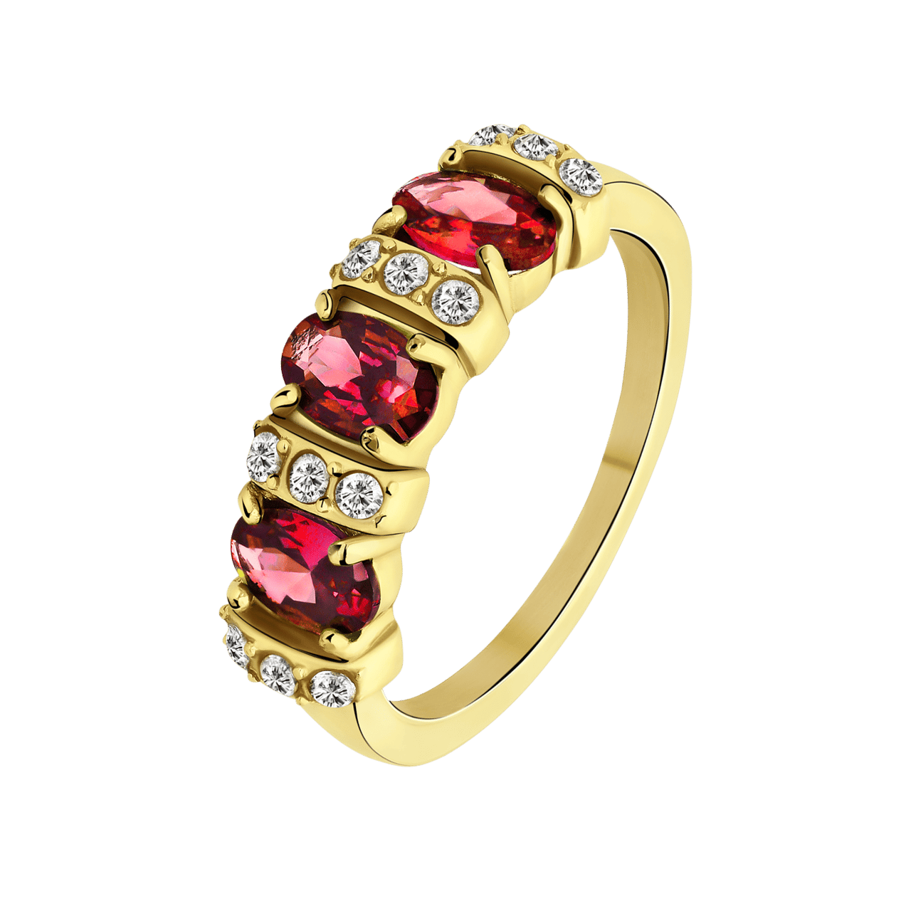 Stainless steel goldplated vintage ring met rode en witte zirkonia