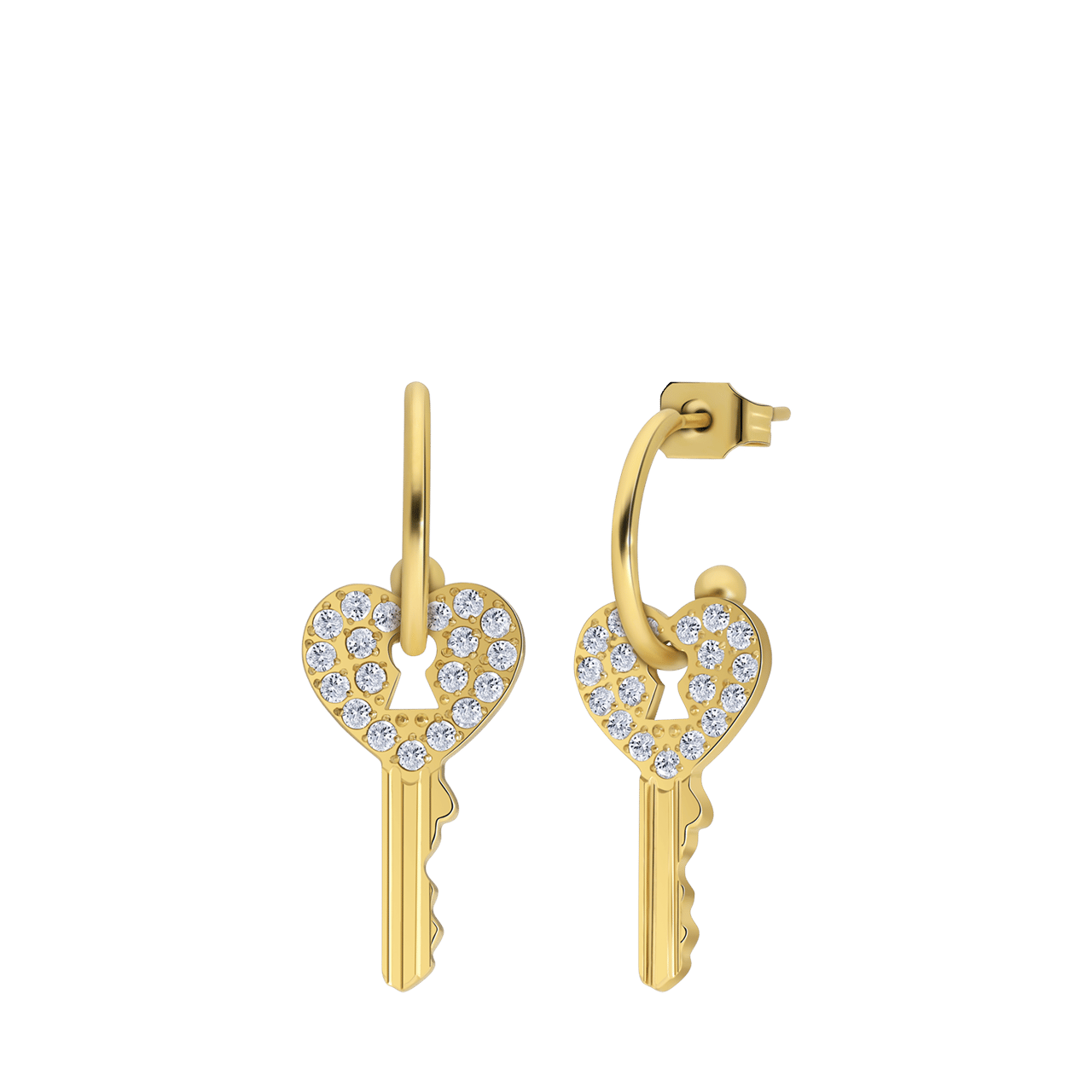 Stainless steel goldplated oorringen met hanger sleutel zirkonia