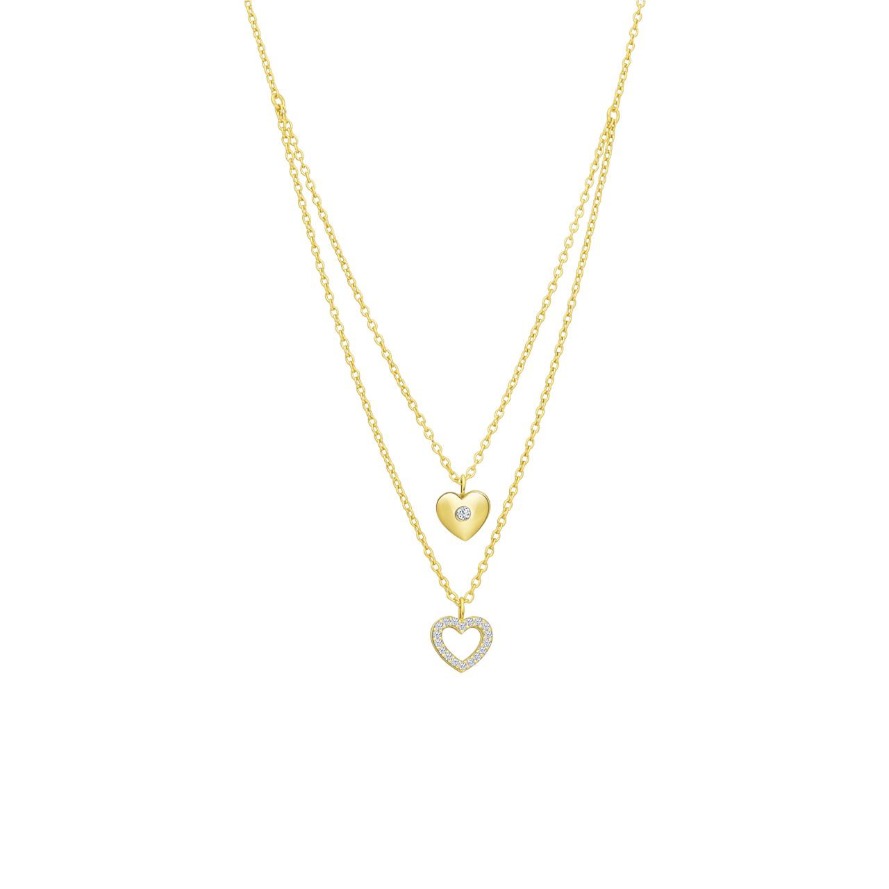 Silberne, goldplattierte Layering-Halskette mit herzförmigen Anhängern mit Zirkoniabesatz