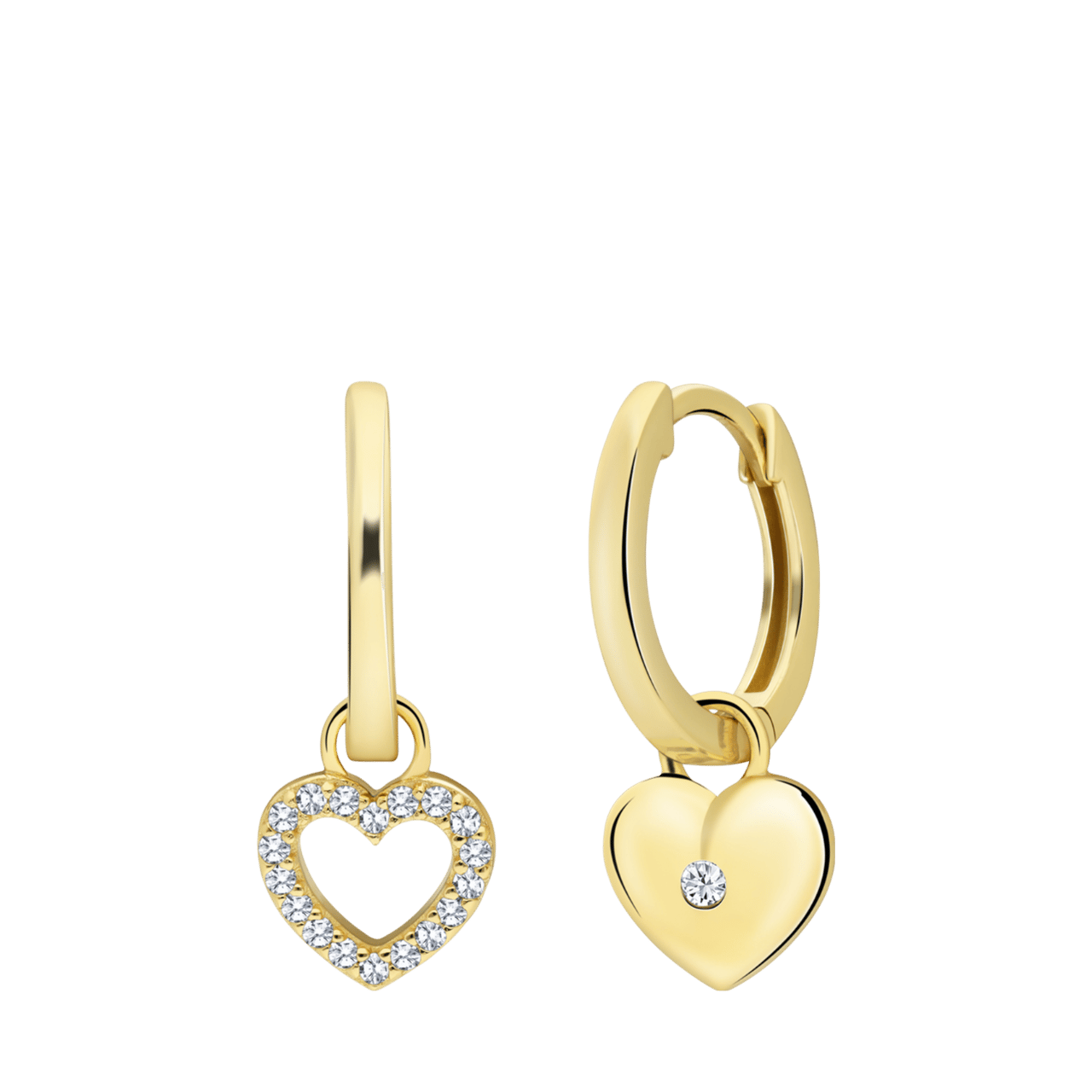 Silberne, goldplattierte Ohrringe mit herzförmigen Anhängern mit Zirkoniabesatz.