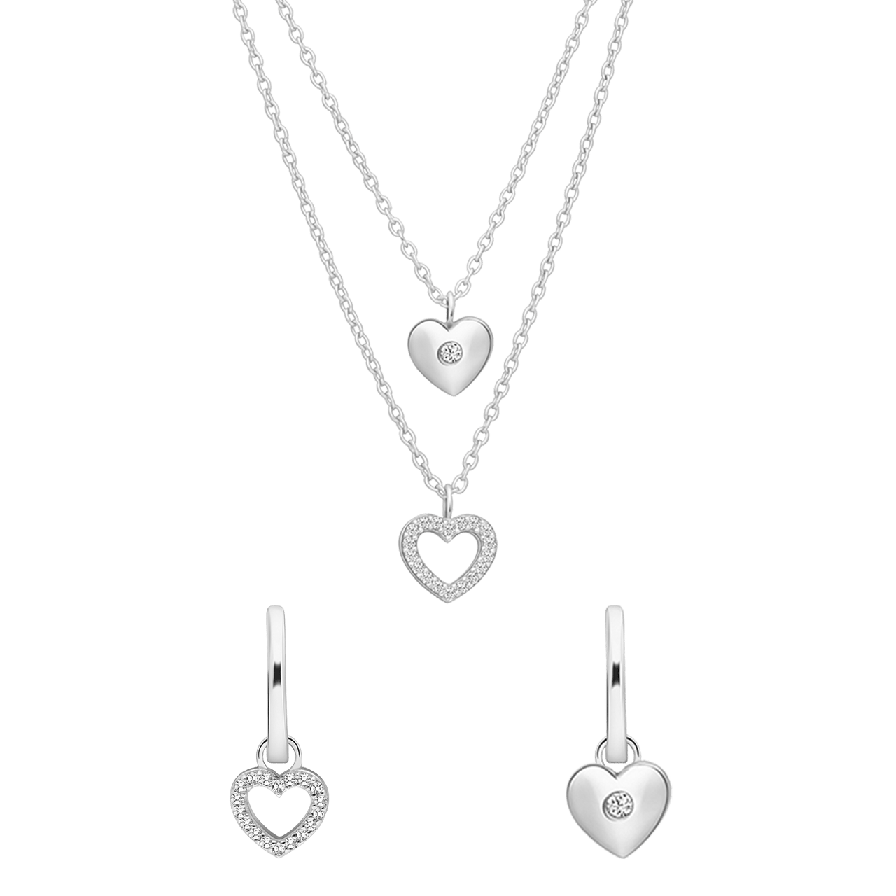 Silbernes Schmuck-Set mit Halskette und Ohrringen mit Herz-Anhängern