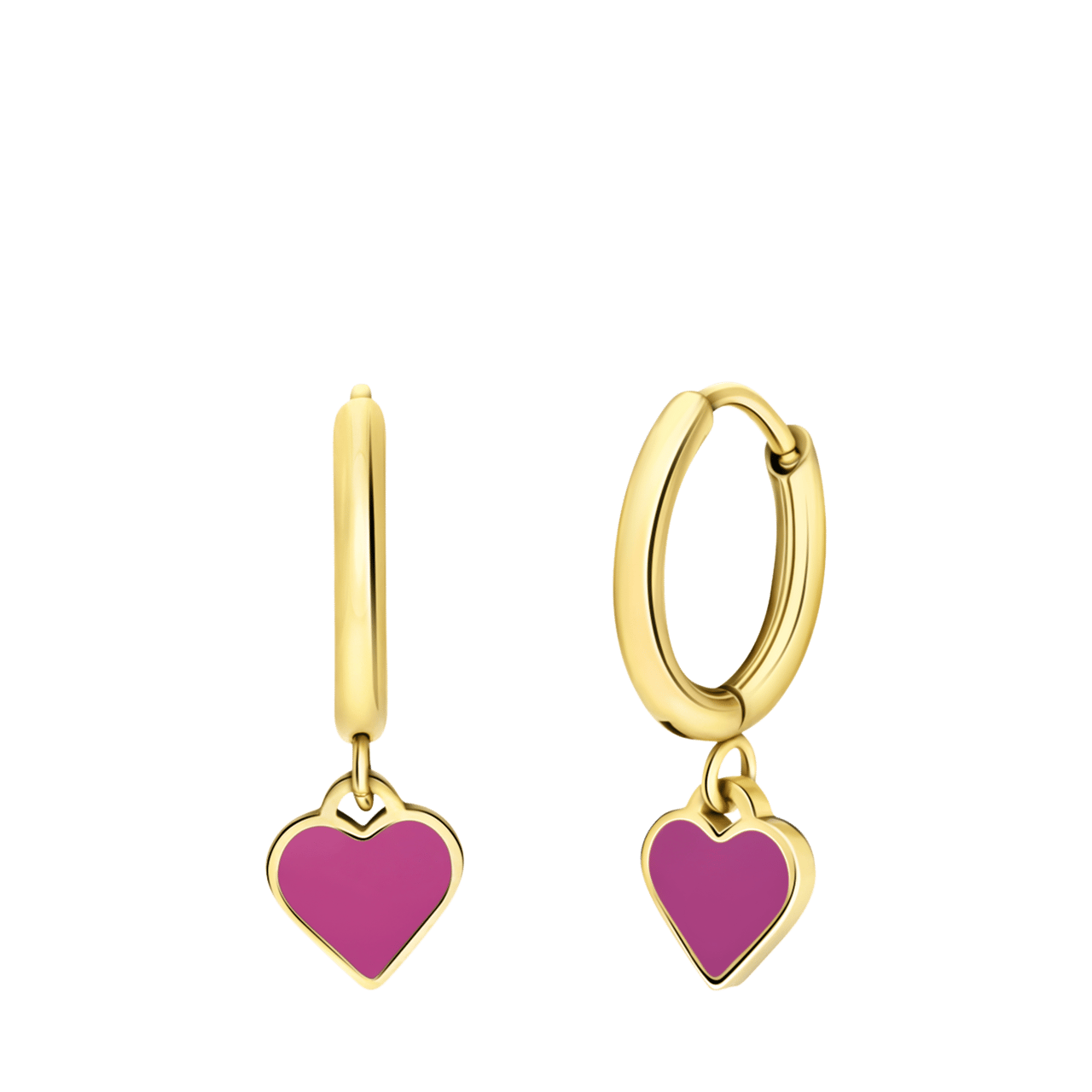 Stalen goldplated kinderoorringen met hanger hart met emaille fuchsia