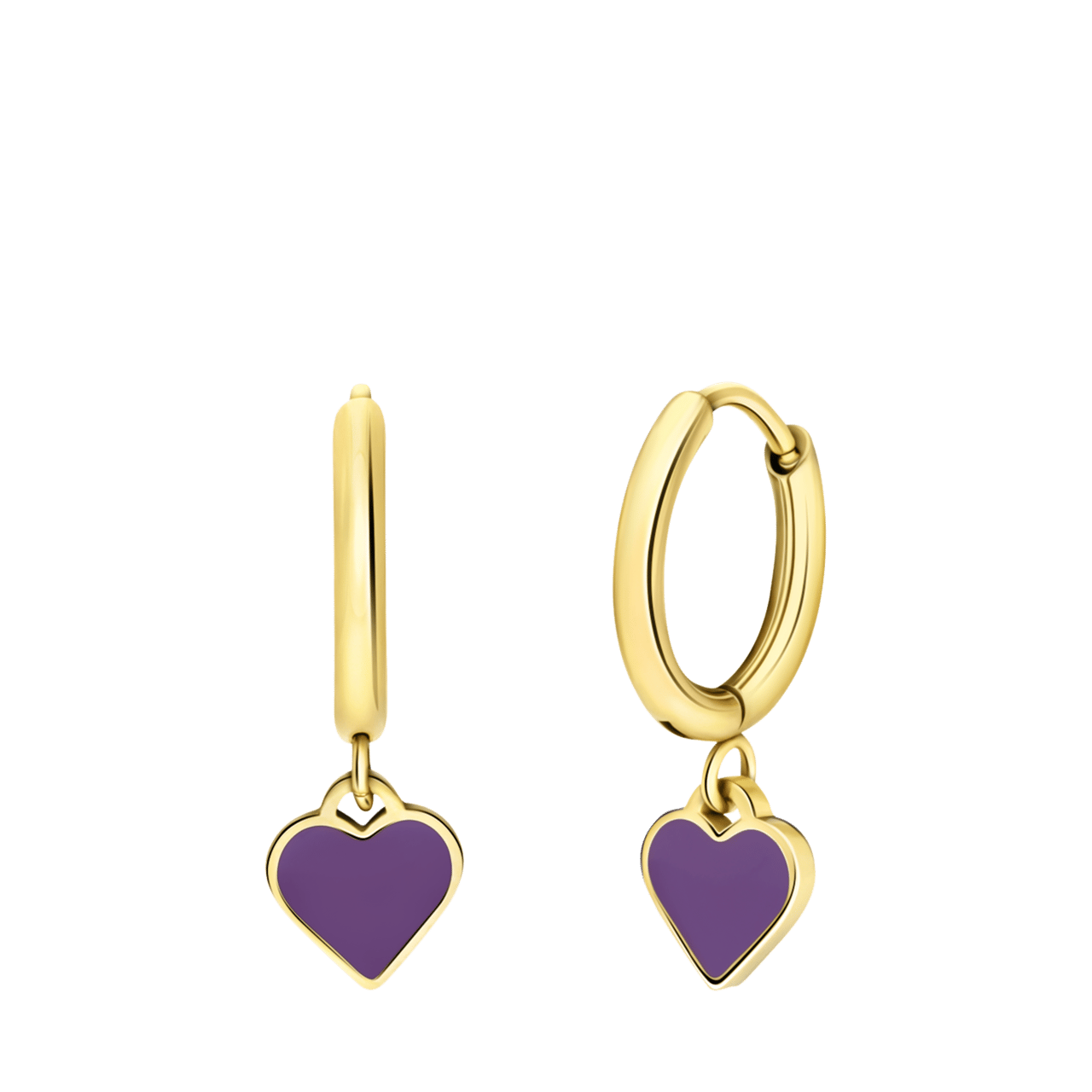 Stainless steel goldplated oorringen met hart emaille violet