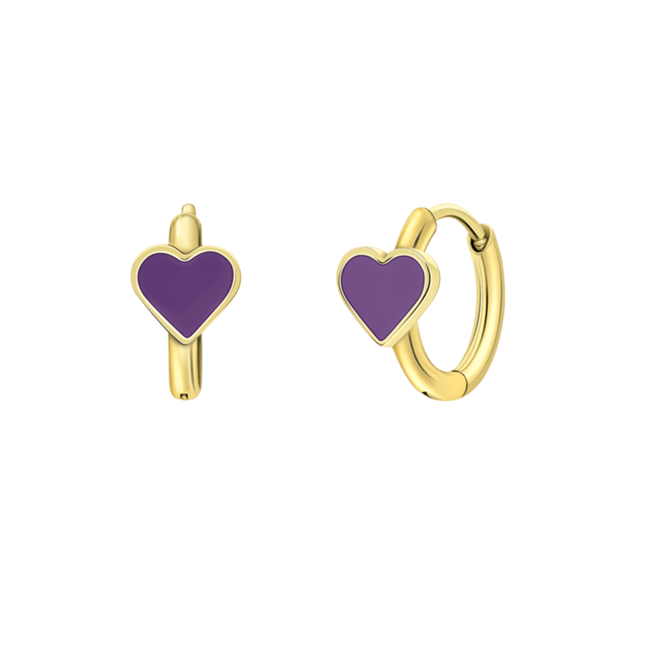 Stainless steel goldplated oorringen met hart emaille violet