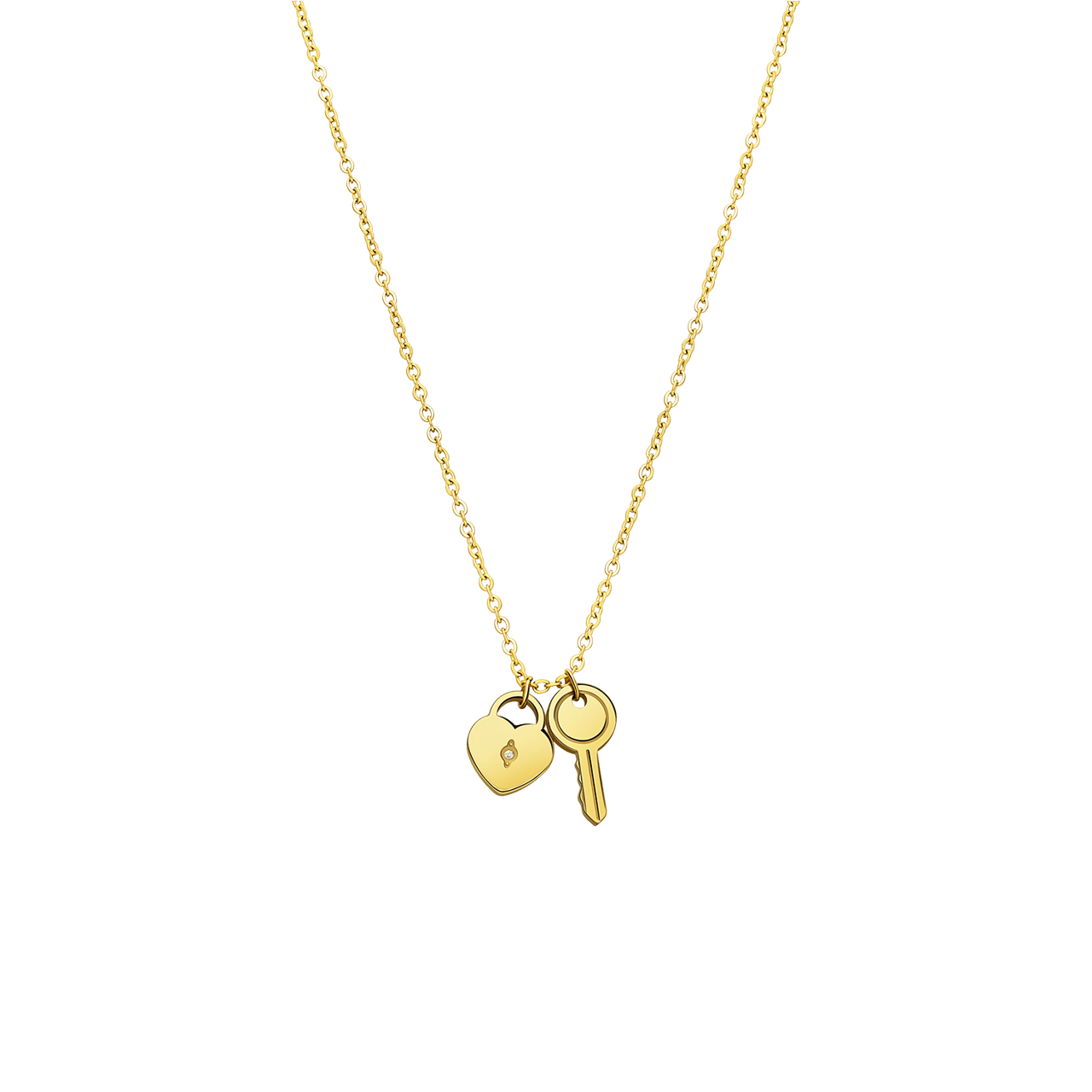 Stainless steel goldplated ketting met hanger sleutel en hart met zirkonia voor dames