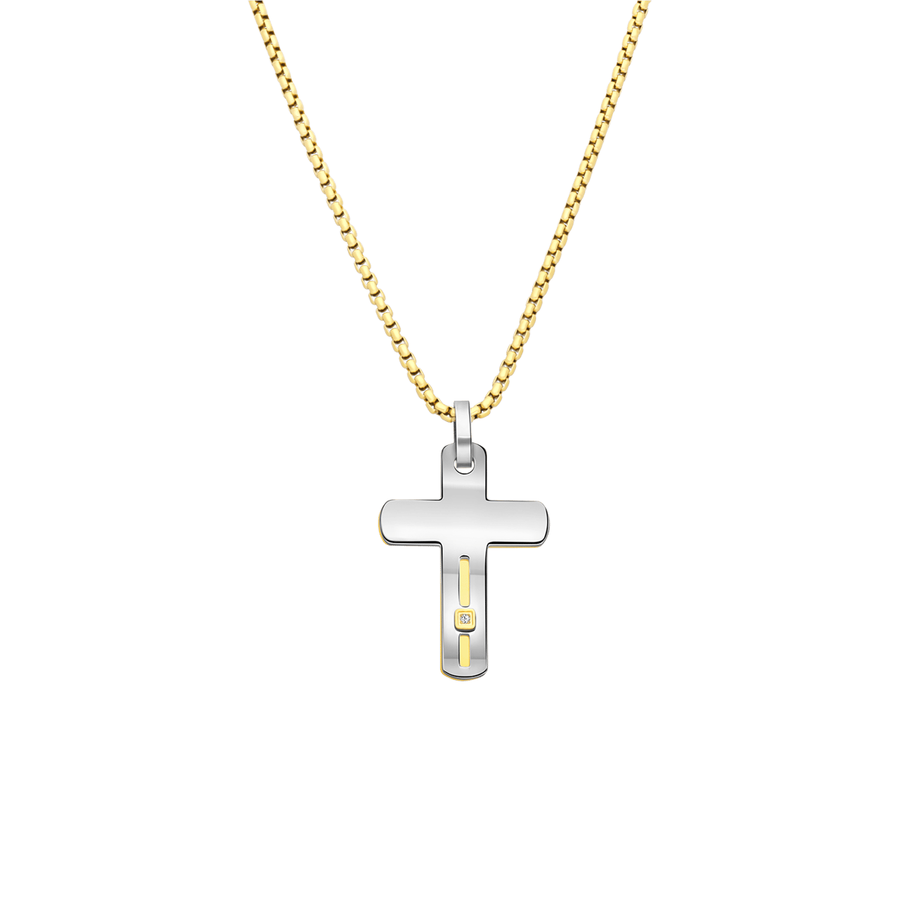 Stalen goldplated herenketting met hanger kruis met zirkonia
