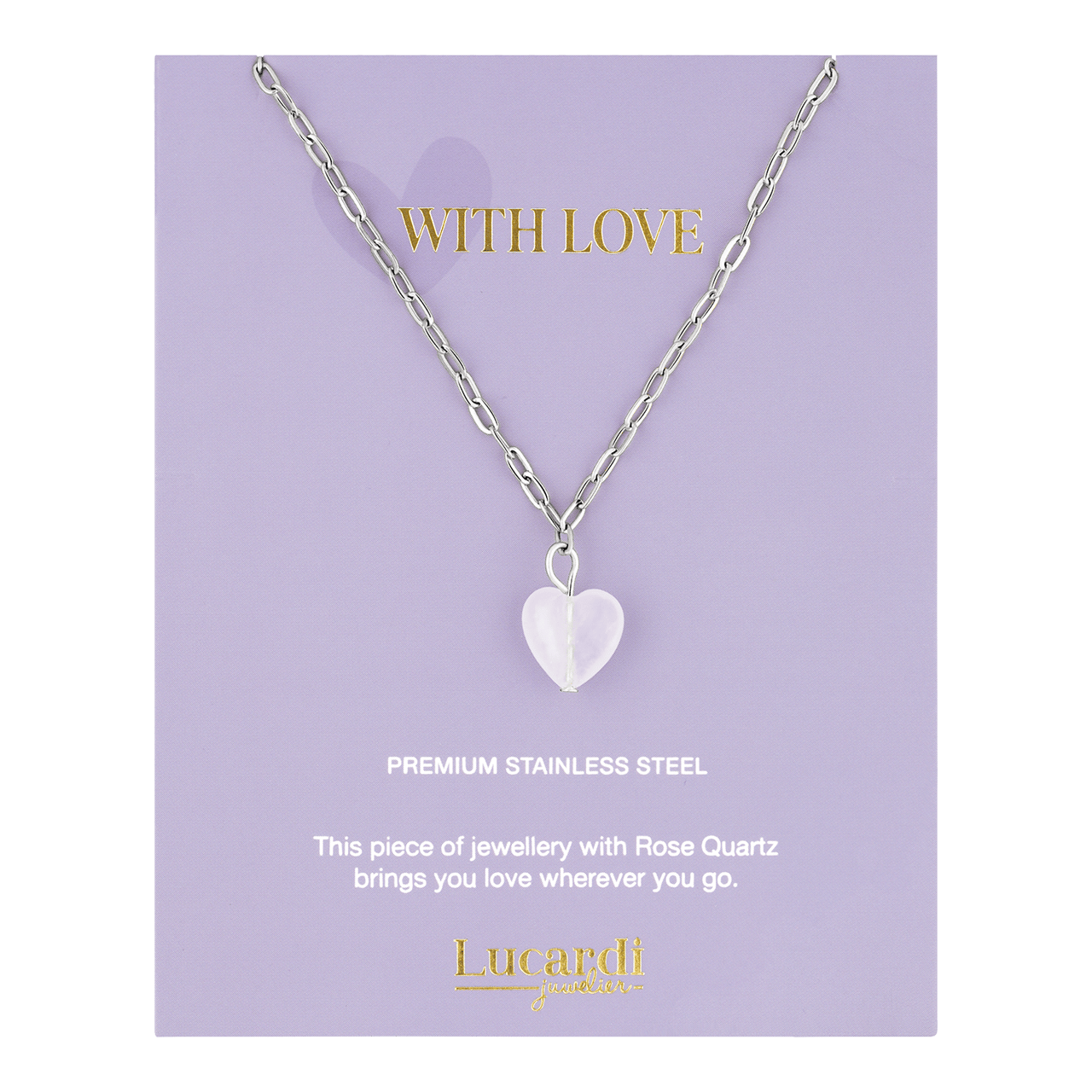 Stainless steel ketting rozenkwarts op kaartje