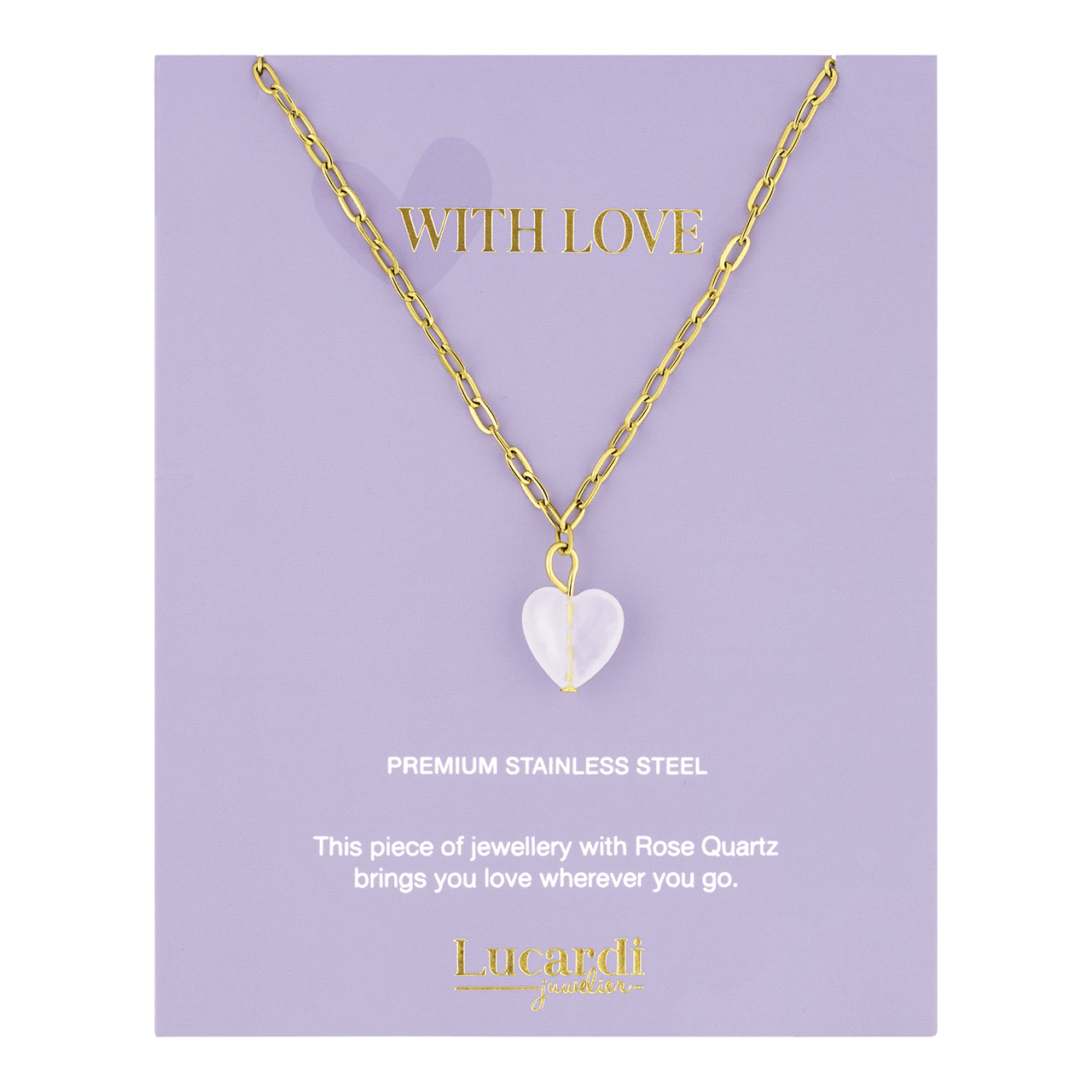 Stalen goldplated ketting rozenkwarts op kaartje