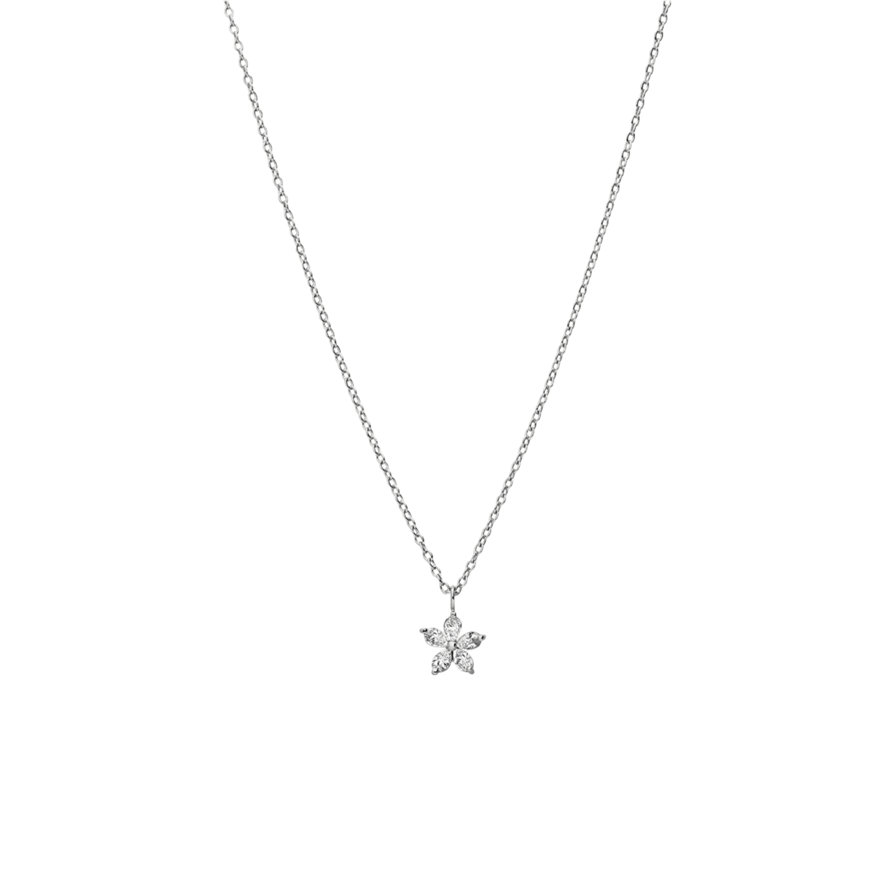 Halskette aus 925er Silber mit einem mit Zirkoniasteinen besetztem Anhänger in Blumenform