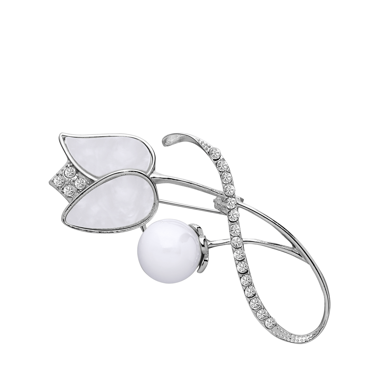 Zilverkleurige bijoux broche tulp met parel