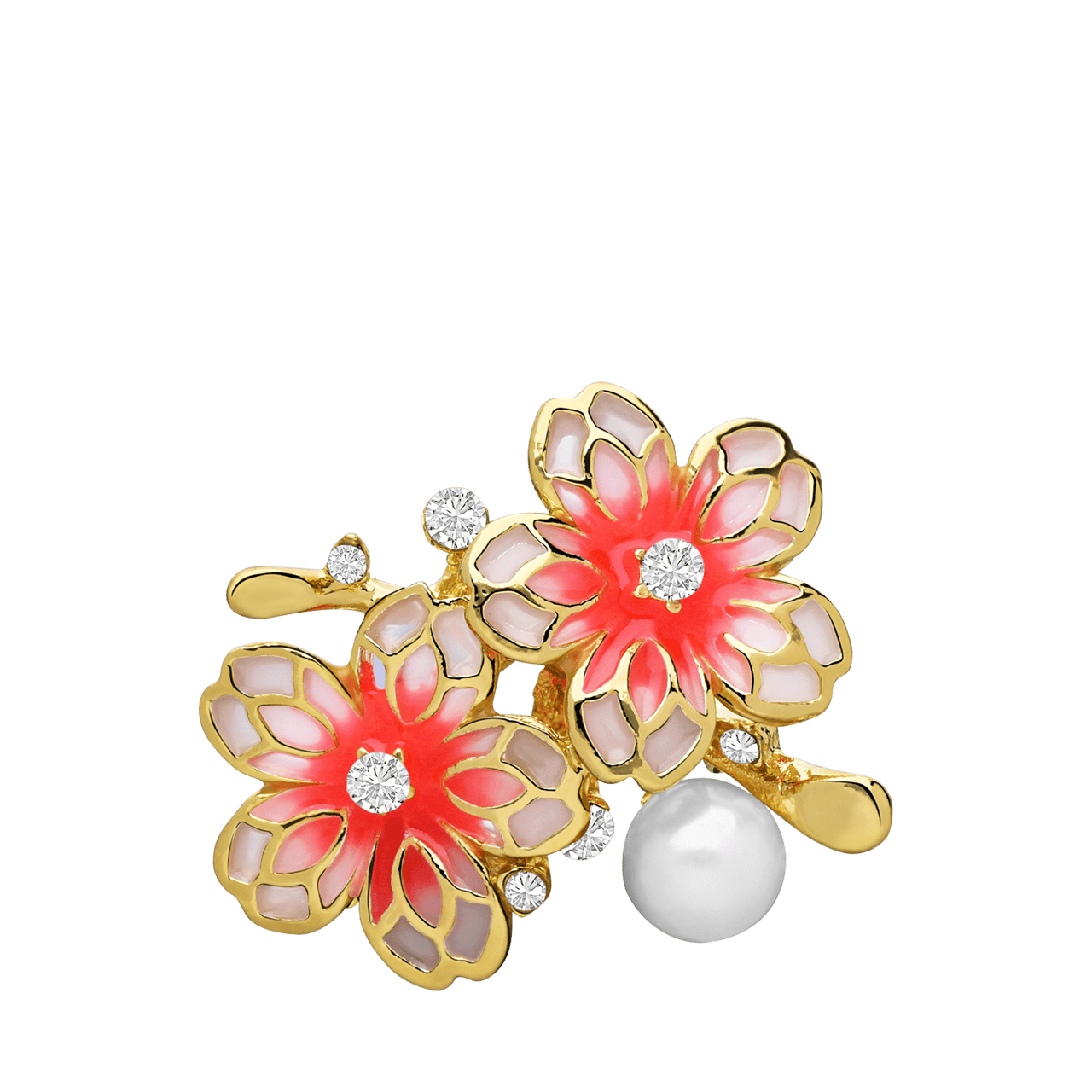Goudkleurige bijoux broche rode bloem met parel