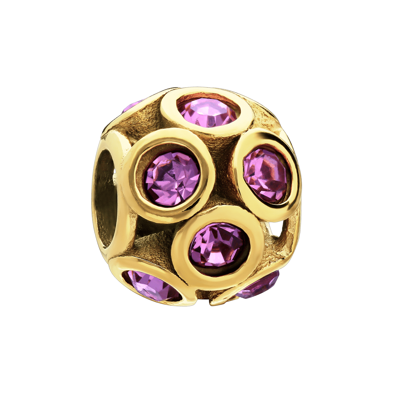 Stalen goldplated bedel bol met roze zirkonia