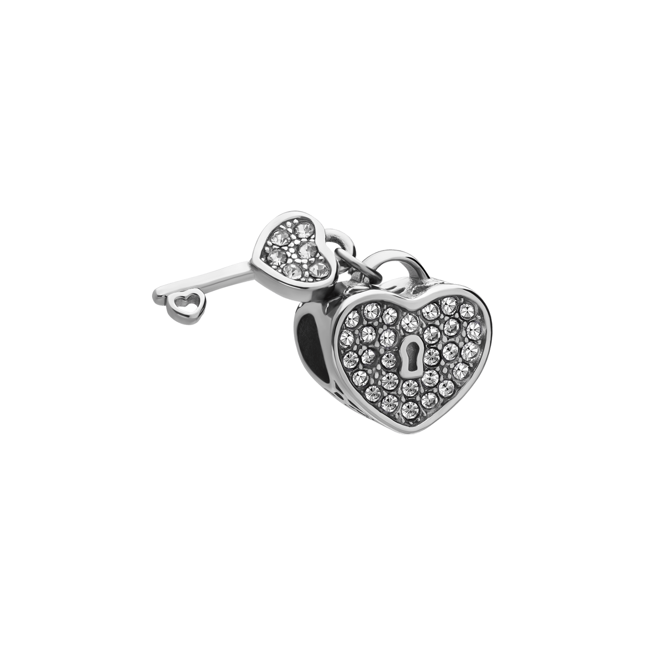 Charm aus Edelstahl Herz und Schlüssel mit Zirkoniabesatz