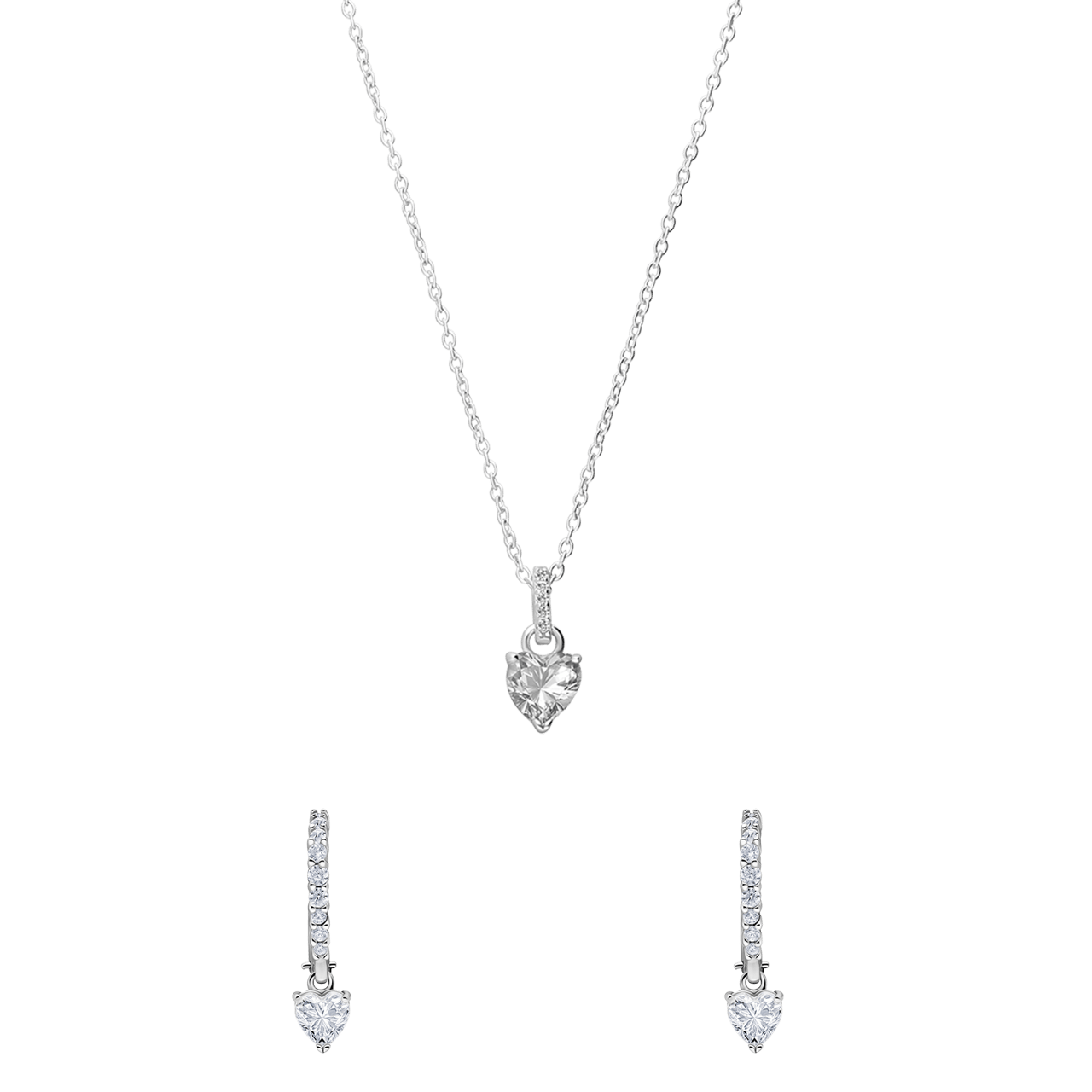 Zilveren sieradenset ketting en oorringen hart zirkonia