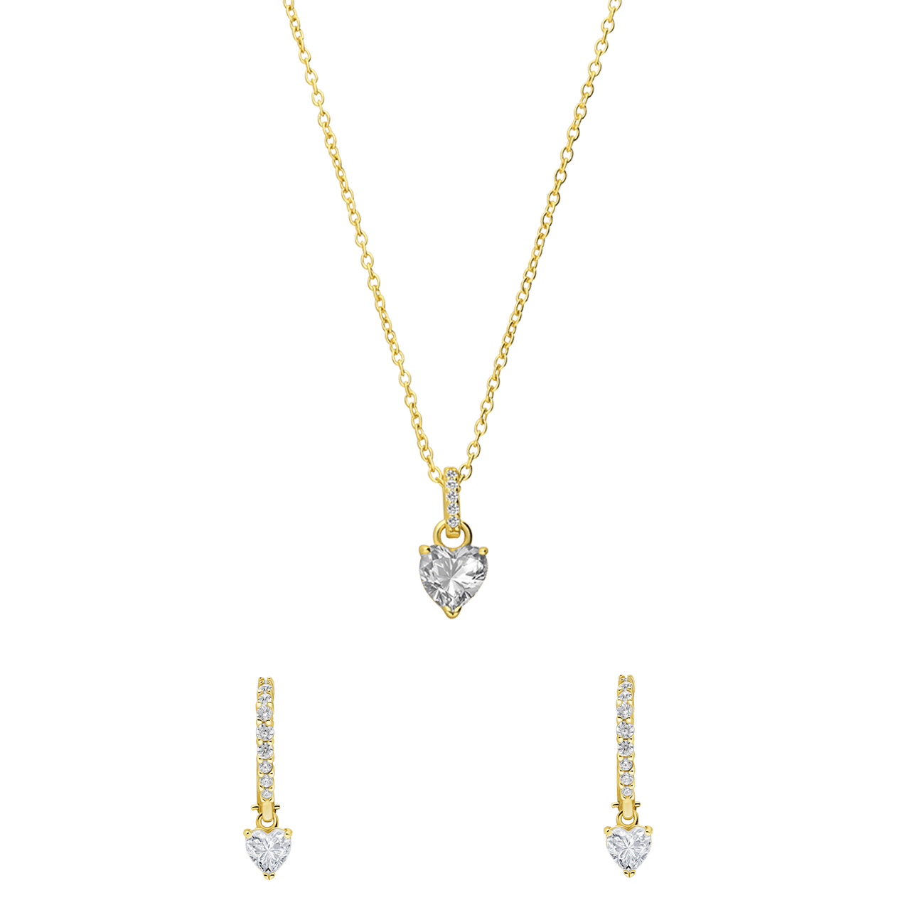 Zilveren goldplated sieradenset ketting en oorringen hart zirkonia