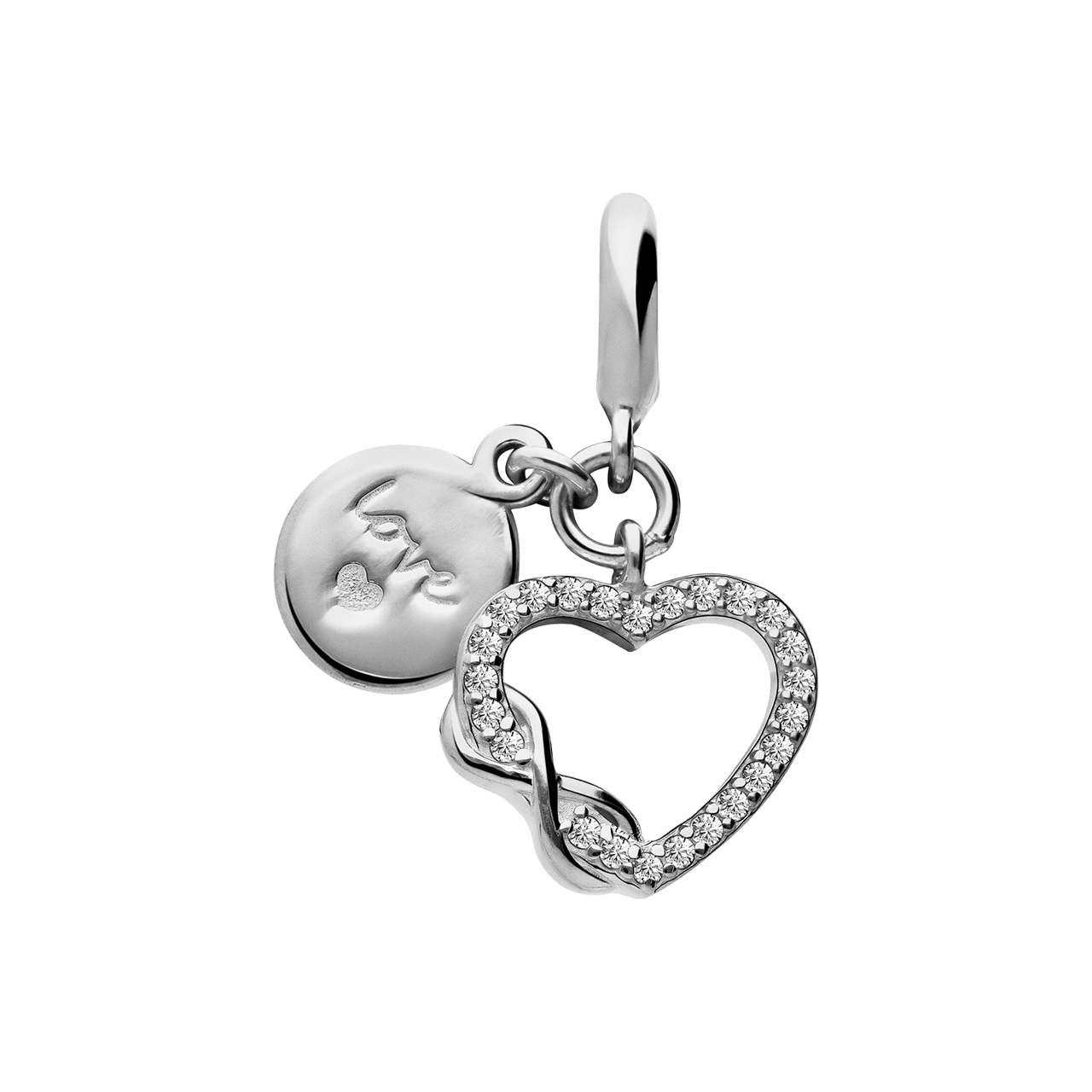 Charm aus 925er Silber, Herz, Infinity-Zeichen und Scheibe