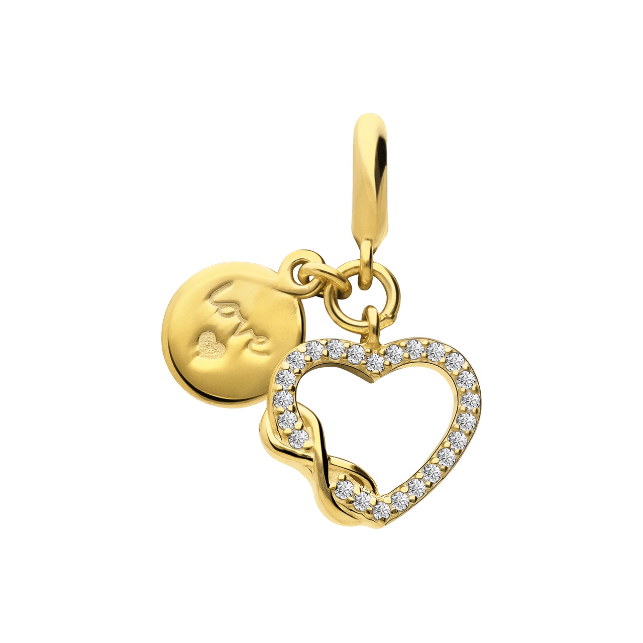 Charm aus 925er Silber, vergoldet, Herz, Infinity-Zeichen und Scheibe