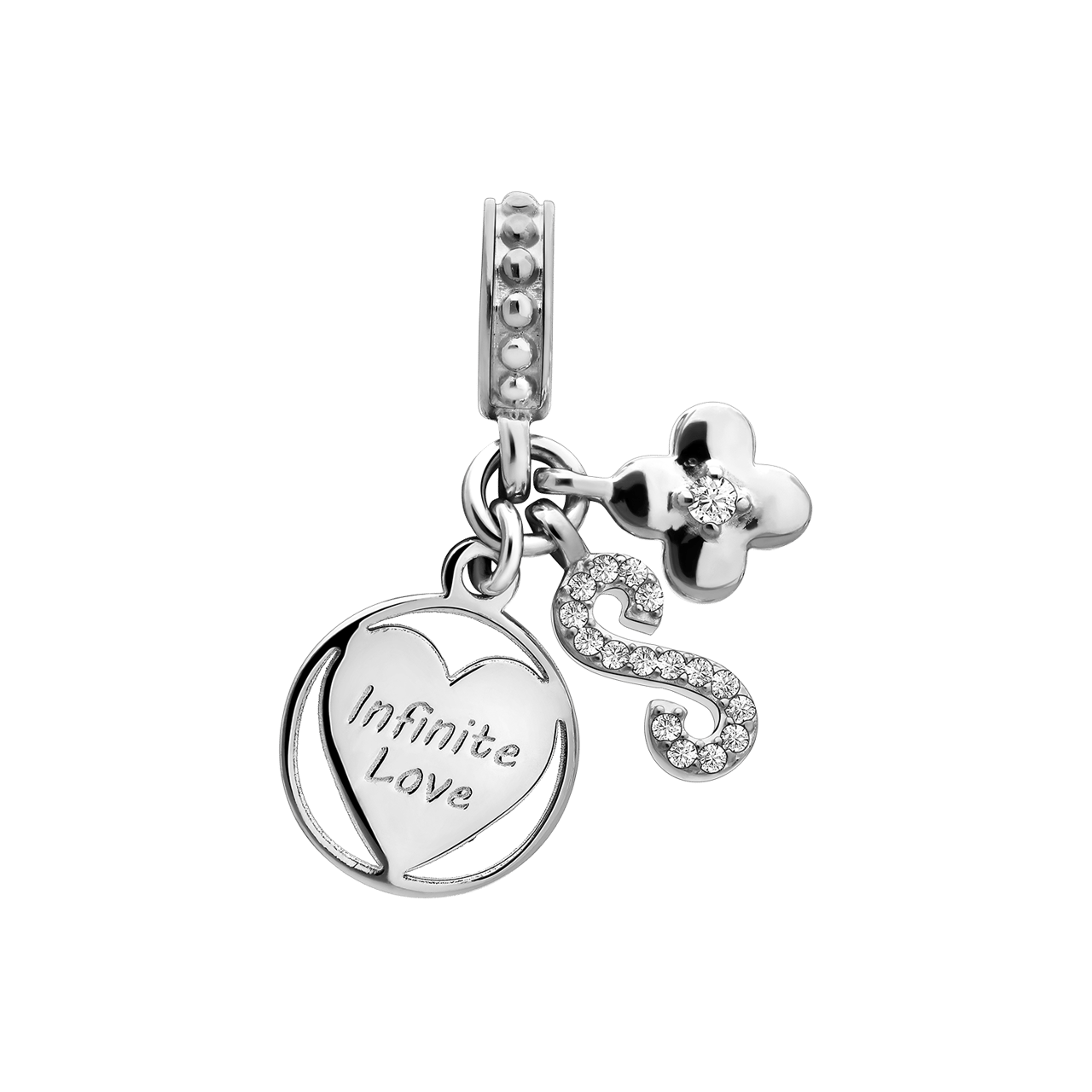 Charm aus 925er Silber, Herz, Infinity-Zeichen und Blume