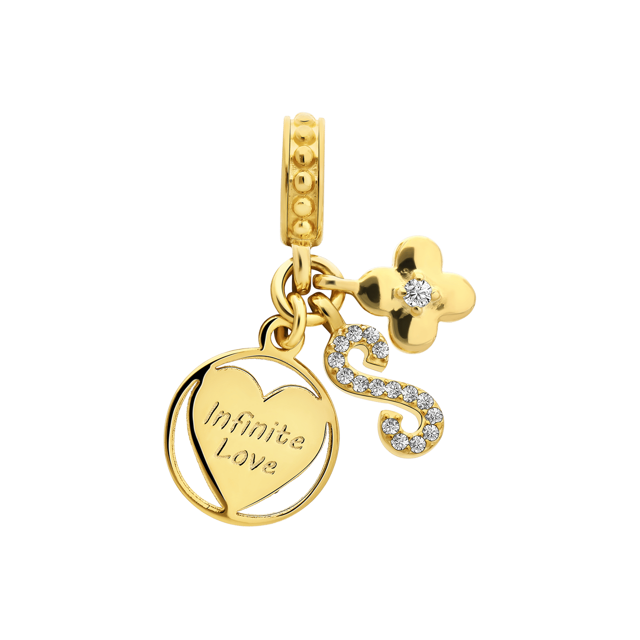 Zilveren goldplated hanger hart, infinity en bloem met zirkonia voor dames