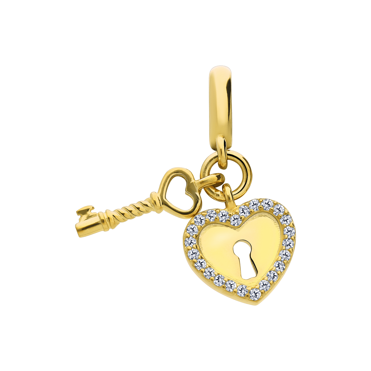 Charm aus 925er Silber, vergoldet, Herz und Schlüssel