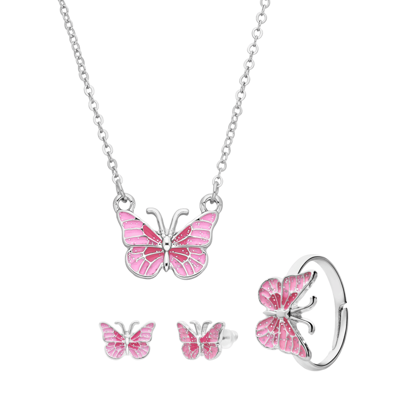 Silbernes Modeschmuckset mit rosa Schmetterling 