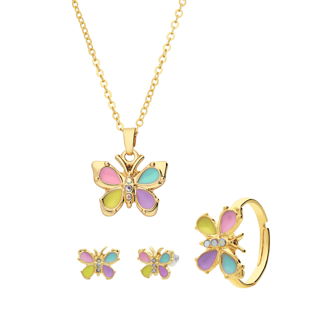 Goldenes Modeschmuckset mit pastellfarbenem Schmetterling