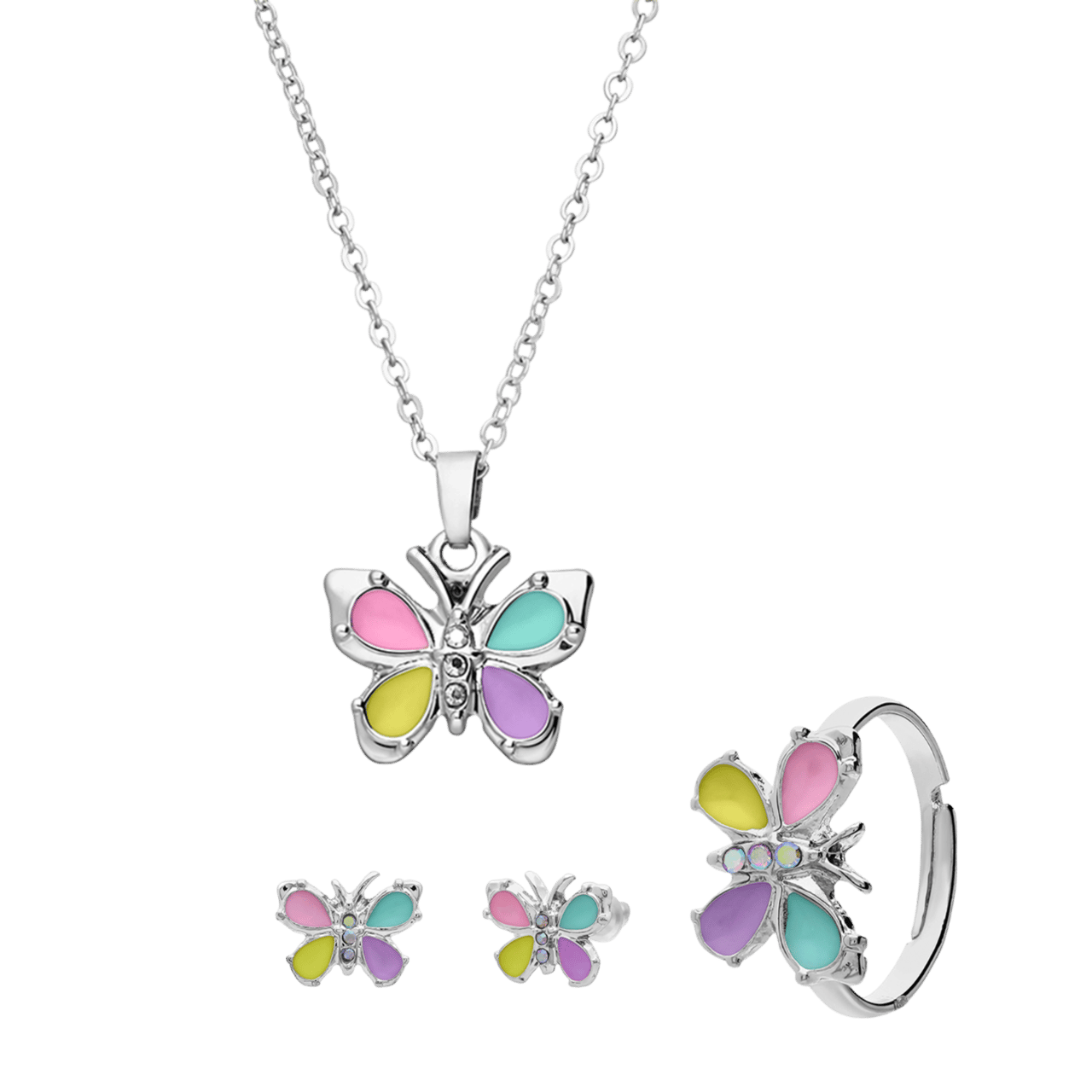 Silbernes Modeschmuckset mit pastellfarbenem Schmetterling