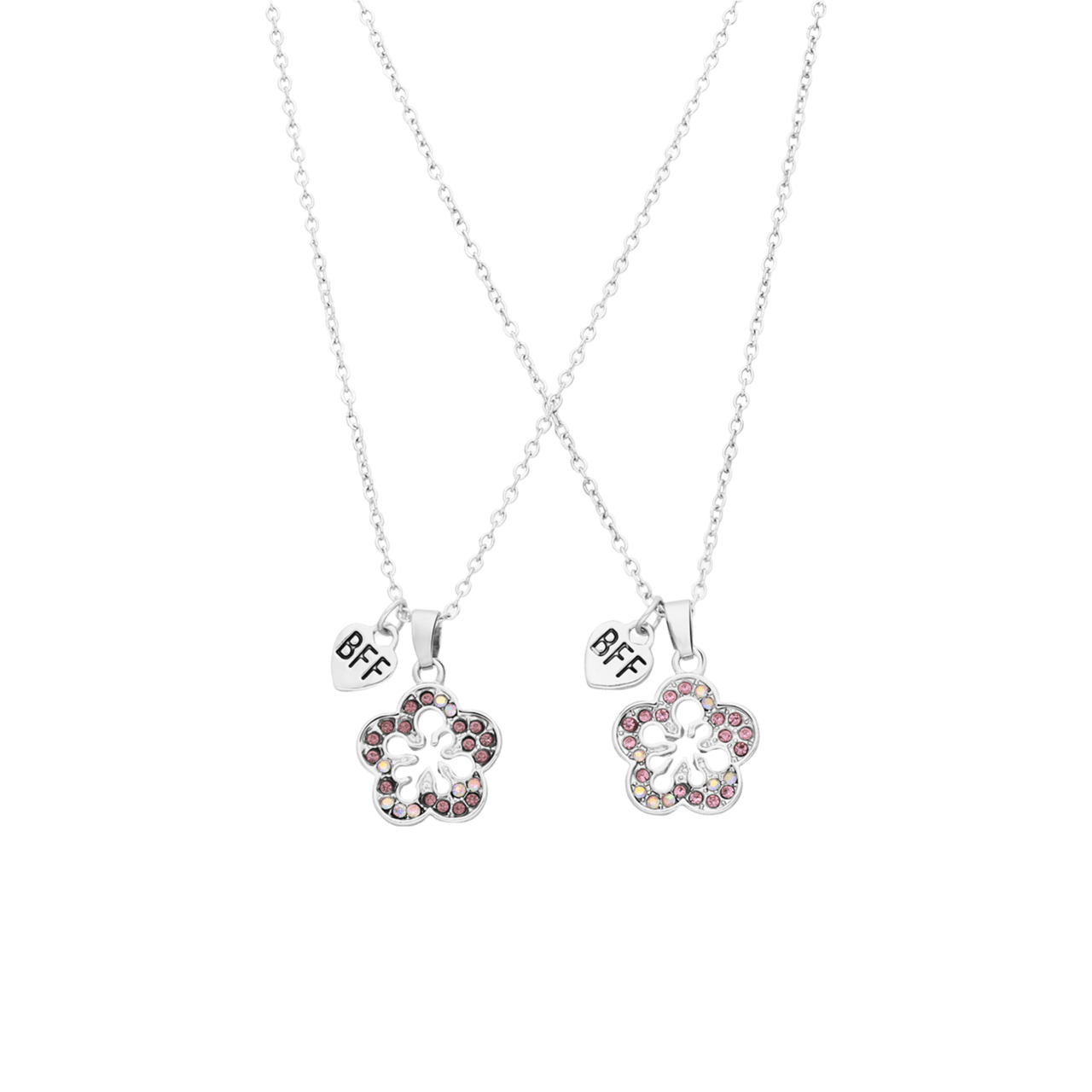 Silbernes Modeschmuckset „BFF" mit Blume in Rosa