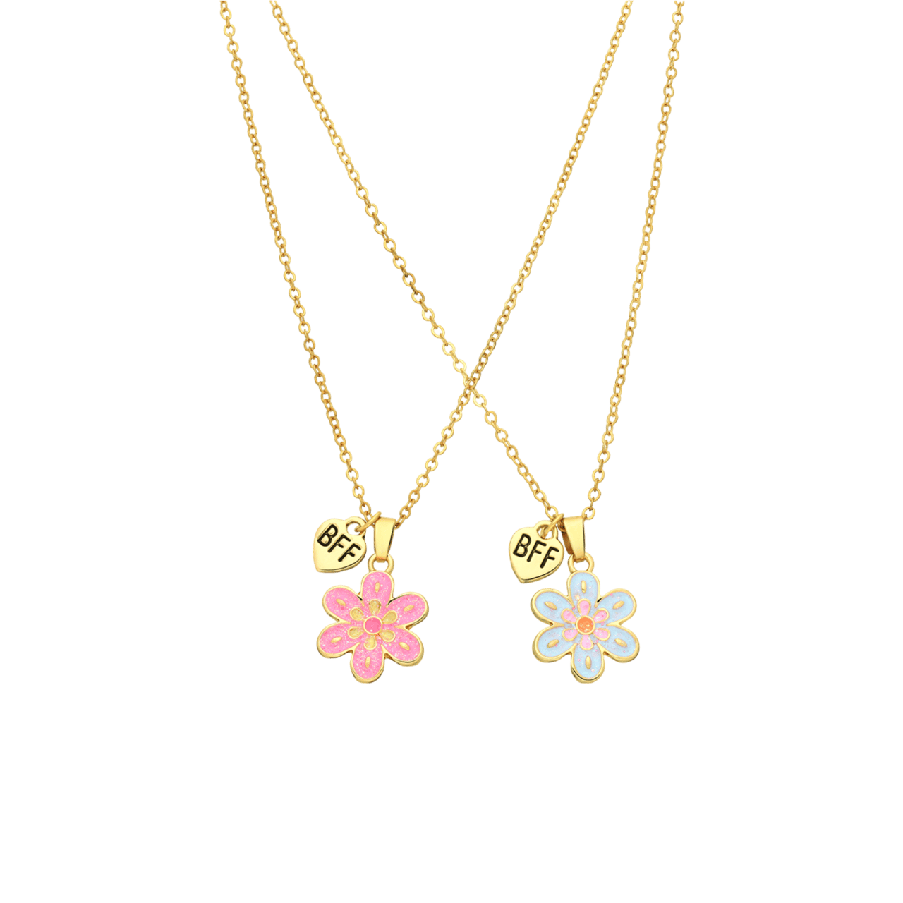 Goudkleurige bijoux bff set blauw en roze bloem