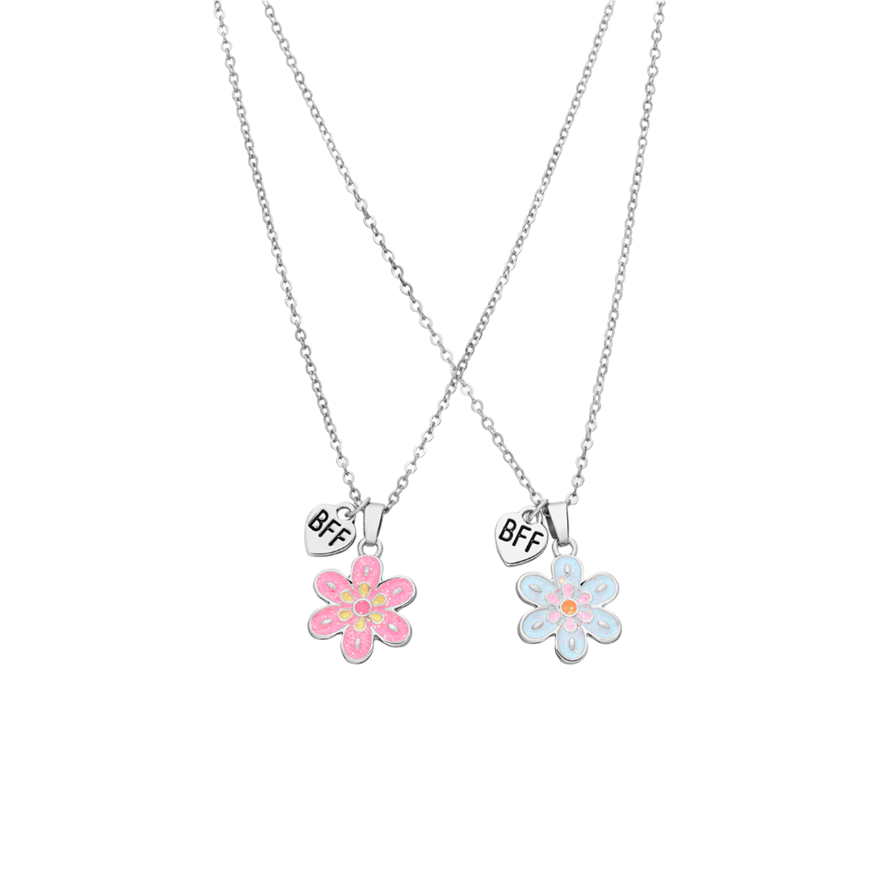 Zilverkleurige bijoux bff set blauw en roze bloem
