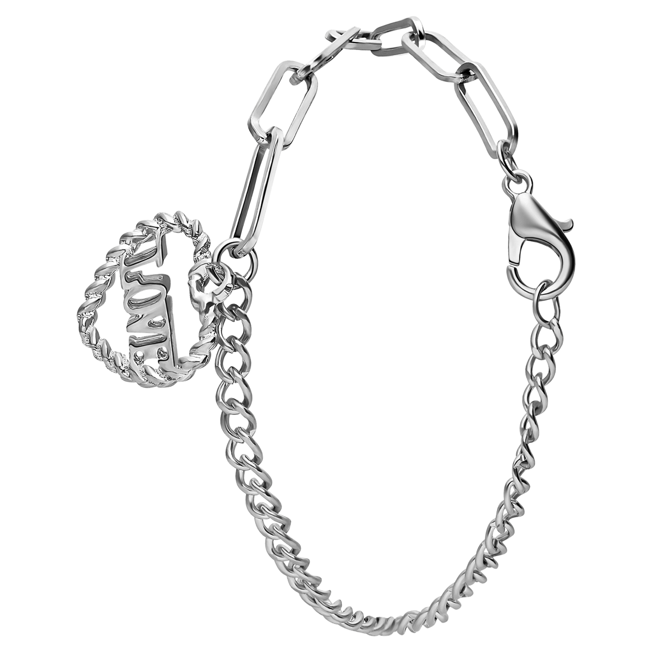 Zilverkleurig enkelbandje hart met love