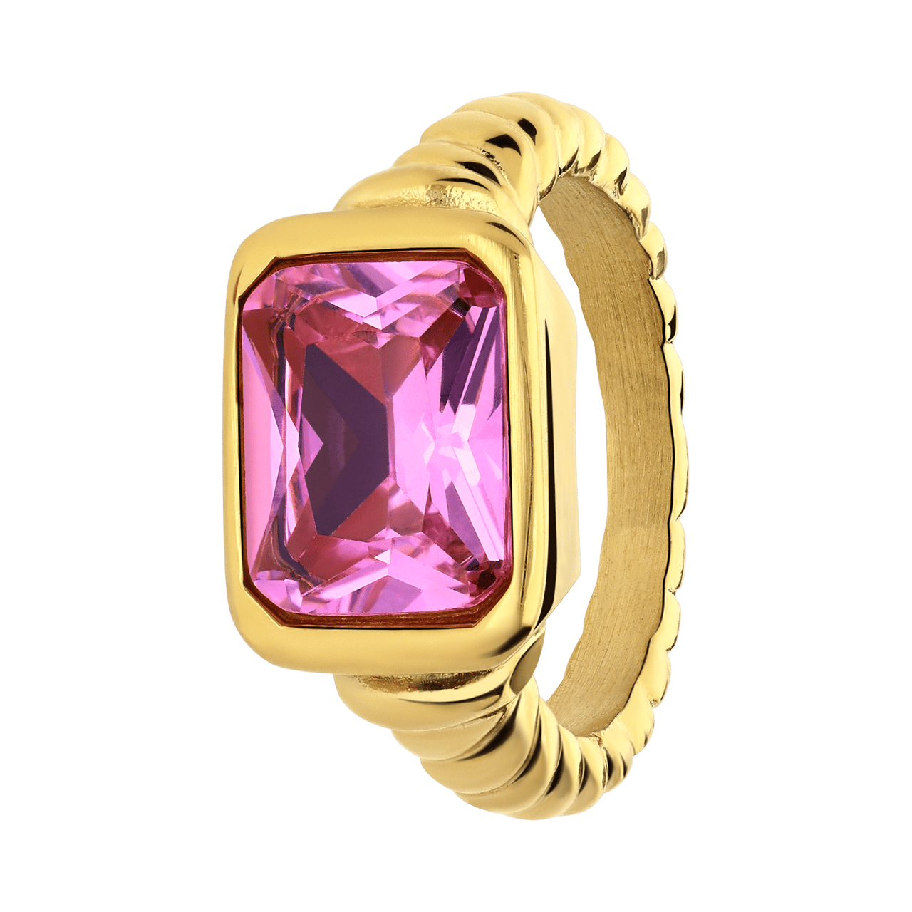 Stainless steel goldplated vintage ring met roze zirkonia