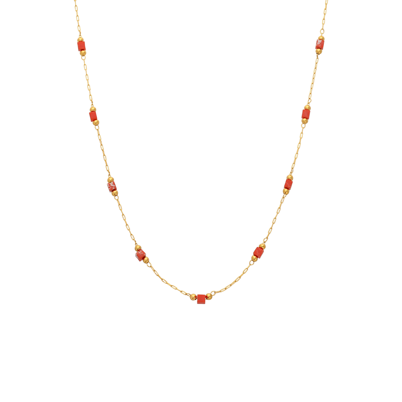 Stainless steel goldplated ketting met oranje blokjes