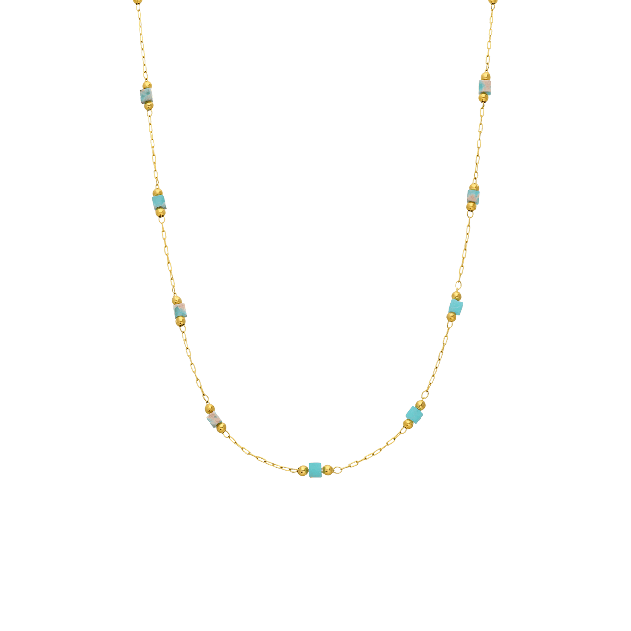 Stainless steel goldplated ketting met mintkleurige blokjes