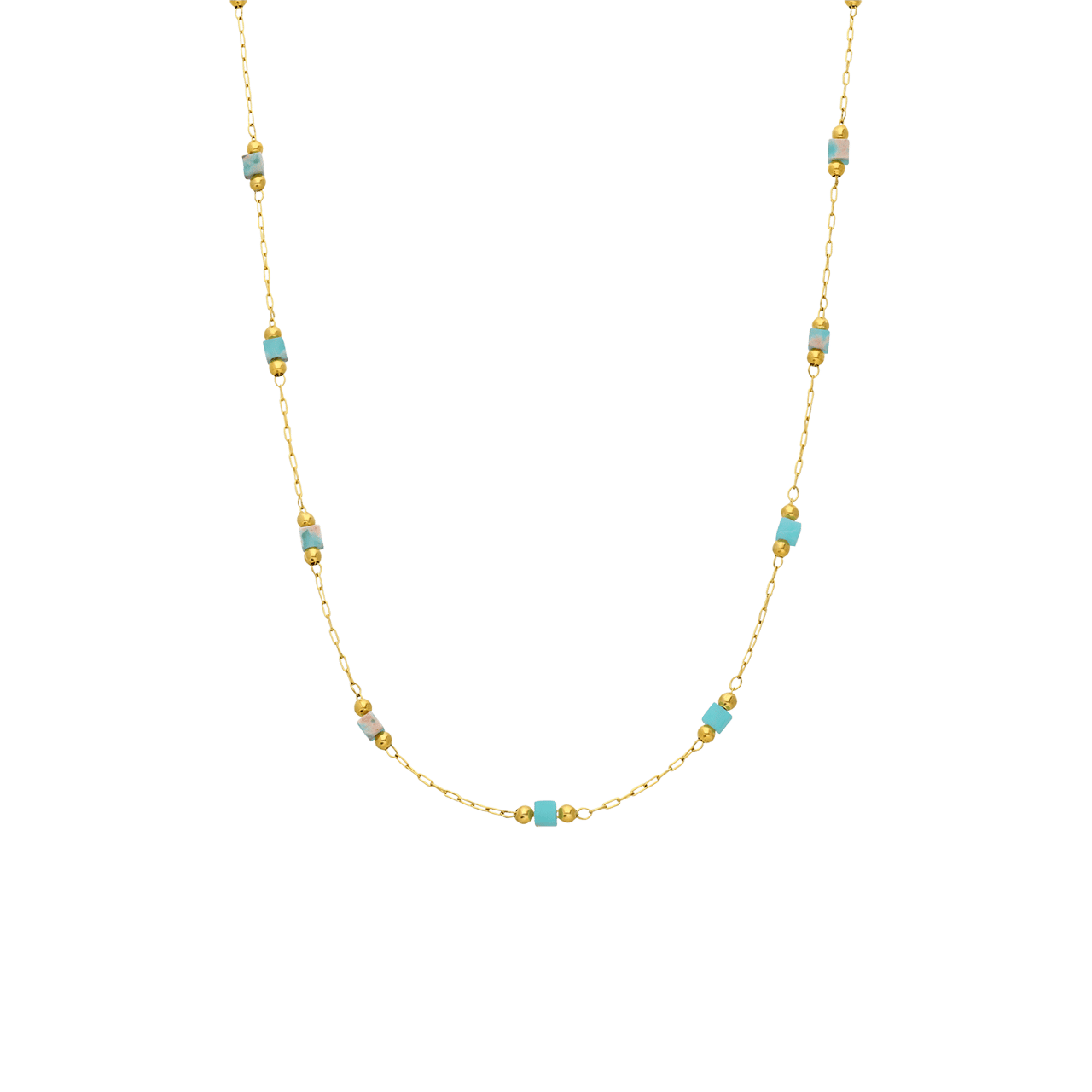 Stalen goldplated ketting met mintkleurige blokjes
