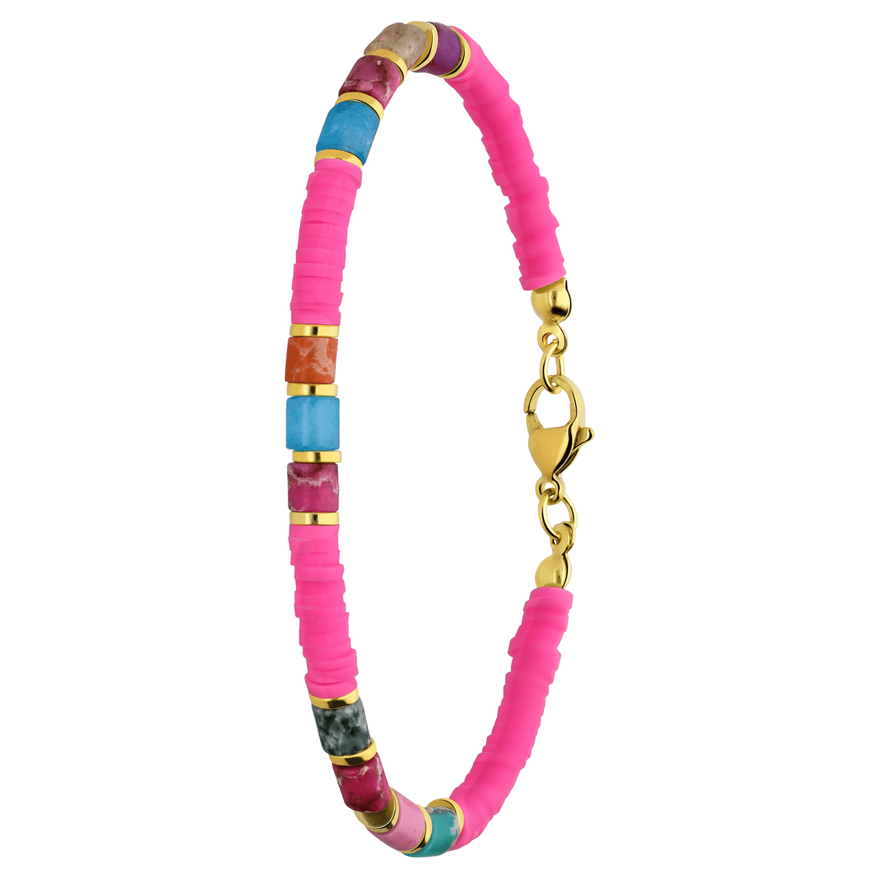 Stainless steel goldplated armband met fuchsia kralen