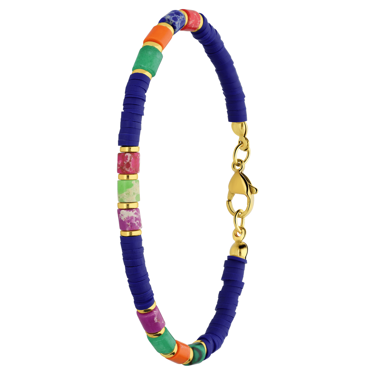 Stainless steel goldplated armband met blauwe kralen