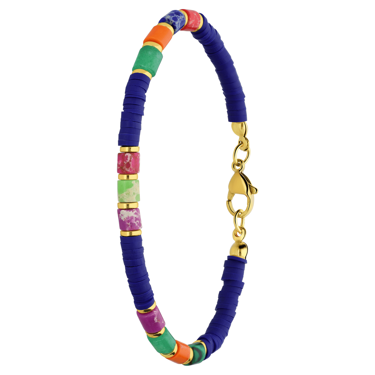 Stalen goldplated armband met blauwe kralen