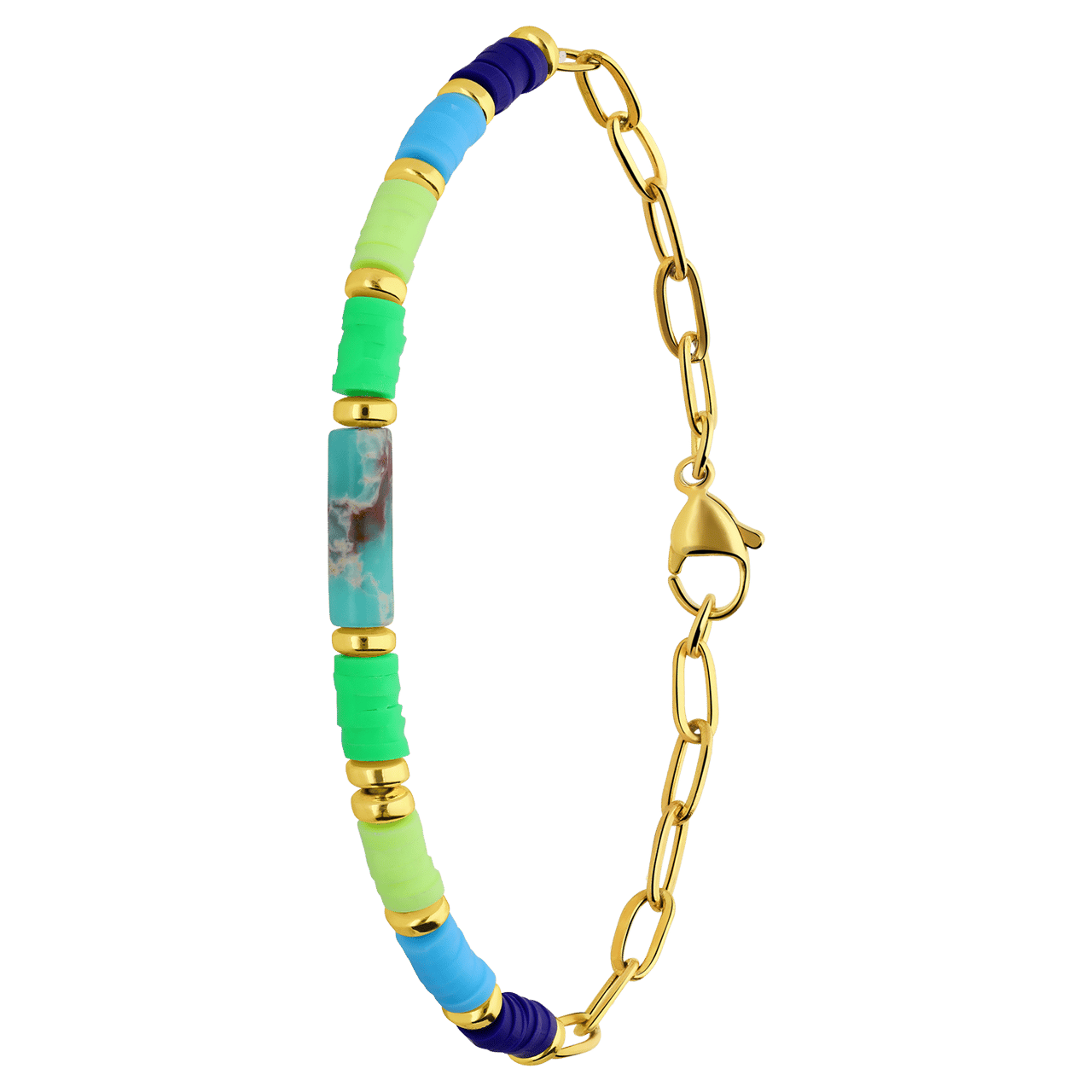 Stainless steel goldplated armband met groene kralen